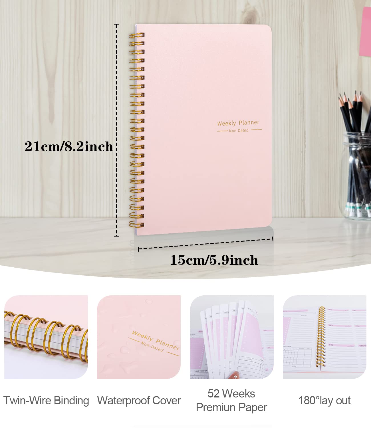 To Do List Notebook, Undated Weekly Planner A5 Diary Planner for College Work with Habit Tracker, Twin Wire Binding, Pink