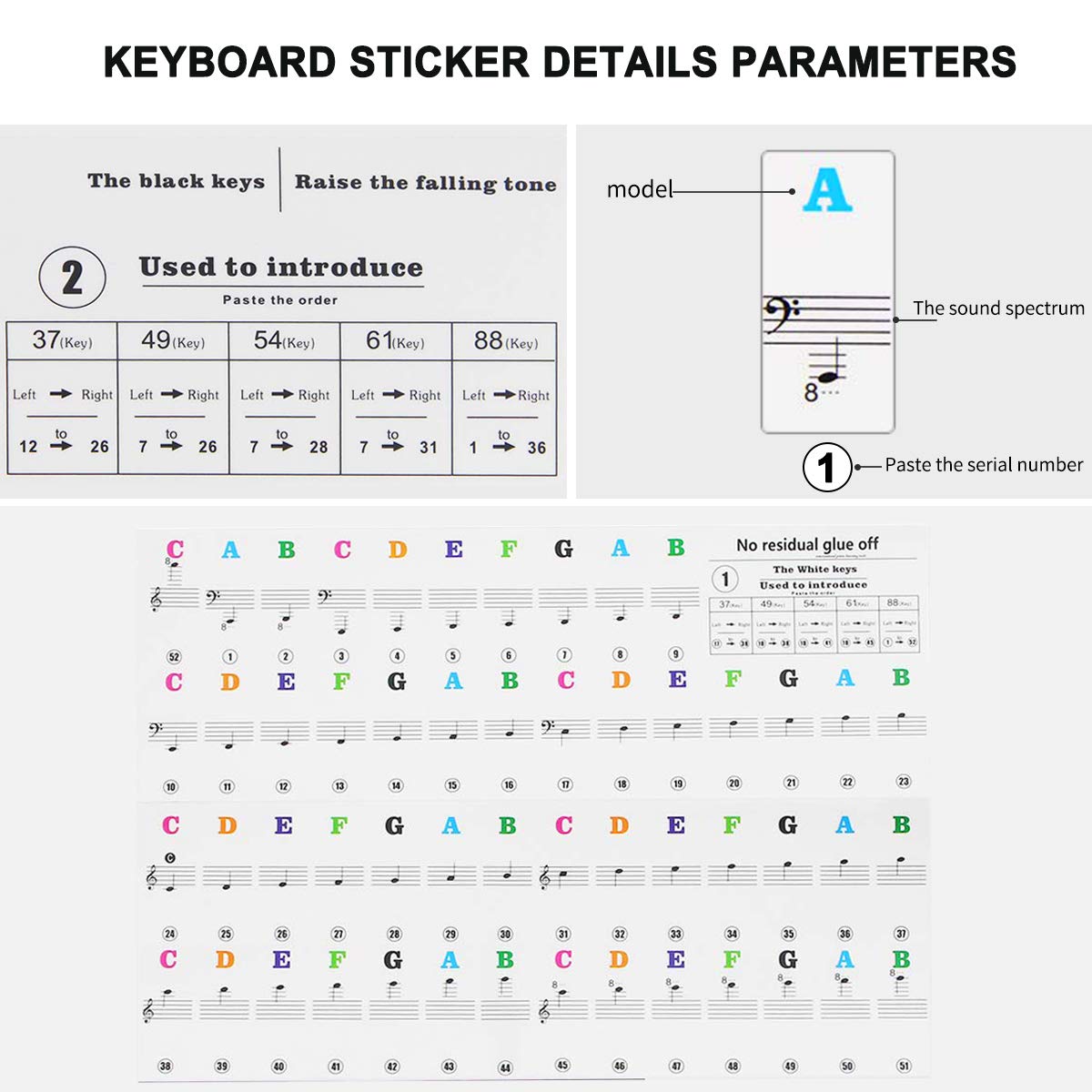 Dokpav Piano Key Stickers for 37/49/54/61/88 keys, Music Piano Keyboard Stickers, Electronic Keyboards Sticker, Piano Key Note Sticker,Transparent Removable Stickers for Kids Beginner Child