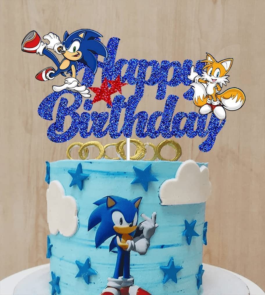 GZDUCK Blue Hedgehog Happy Birthday Cake Topper, Hedgehog Birthday Party Cake Decorations Supplies for Kids Birthday, the Hedgehog Cake Decor Glitter Cake Topper