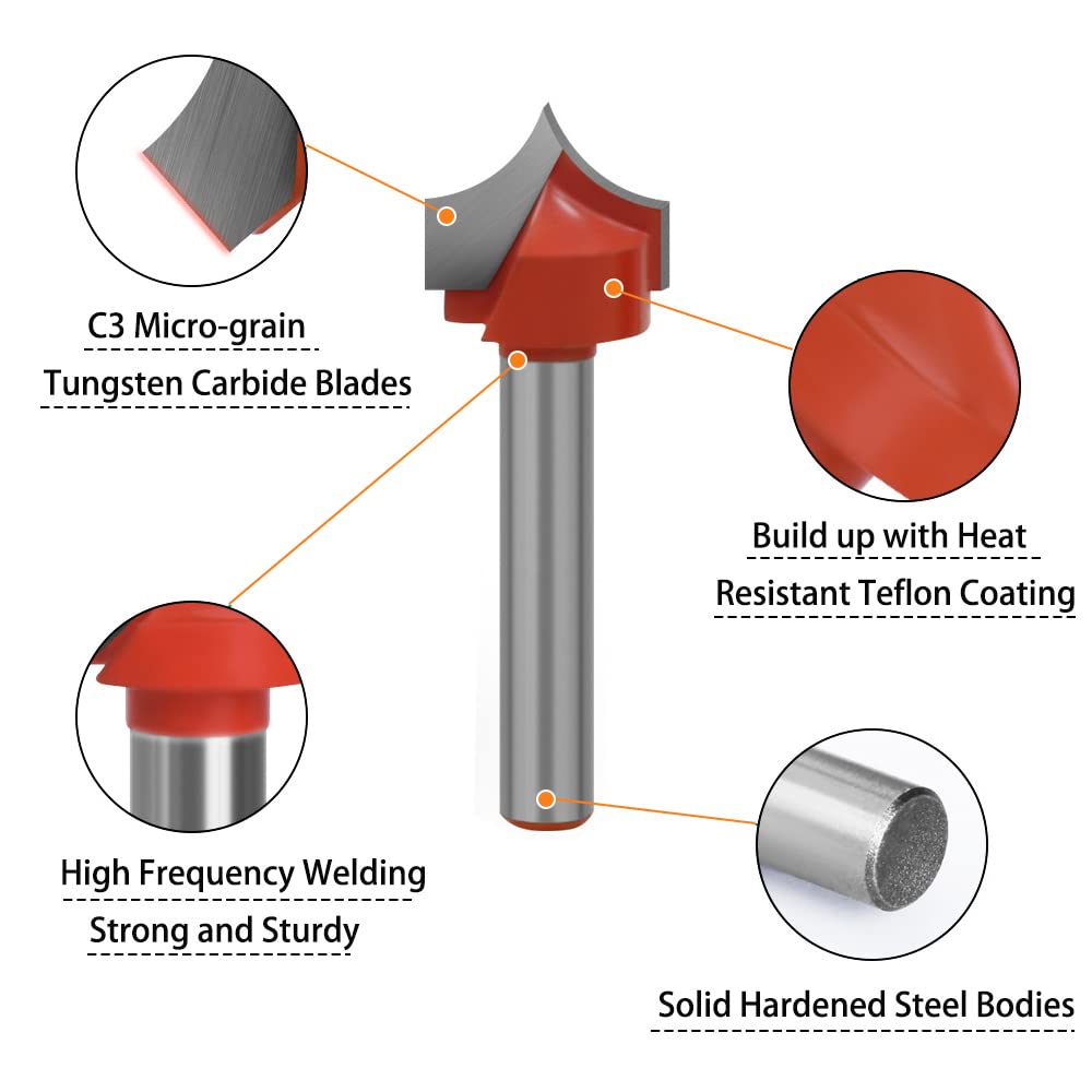 Saipor 4pcs 6mm Shank Point Cutting Roundover Router Bit Set C3 Carbide Tipped Round Over Beading Bit Beadboard Router Bit Radius 3.96/4.76/6.35/7.96mm