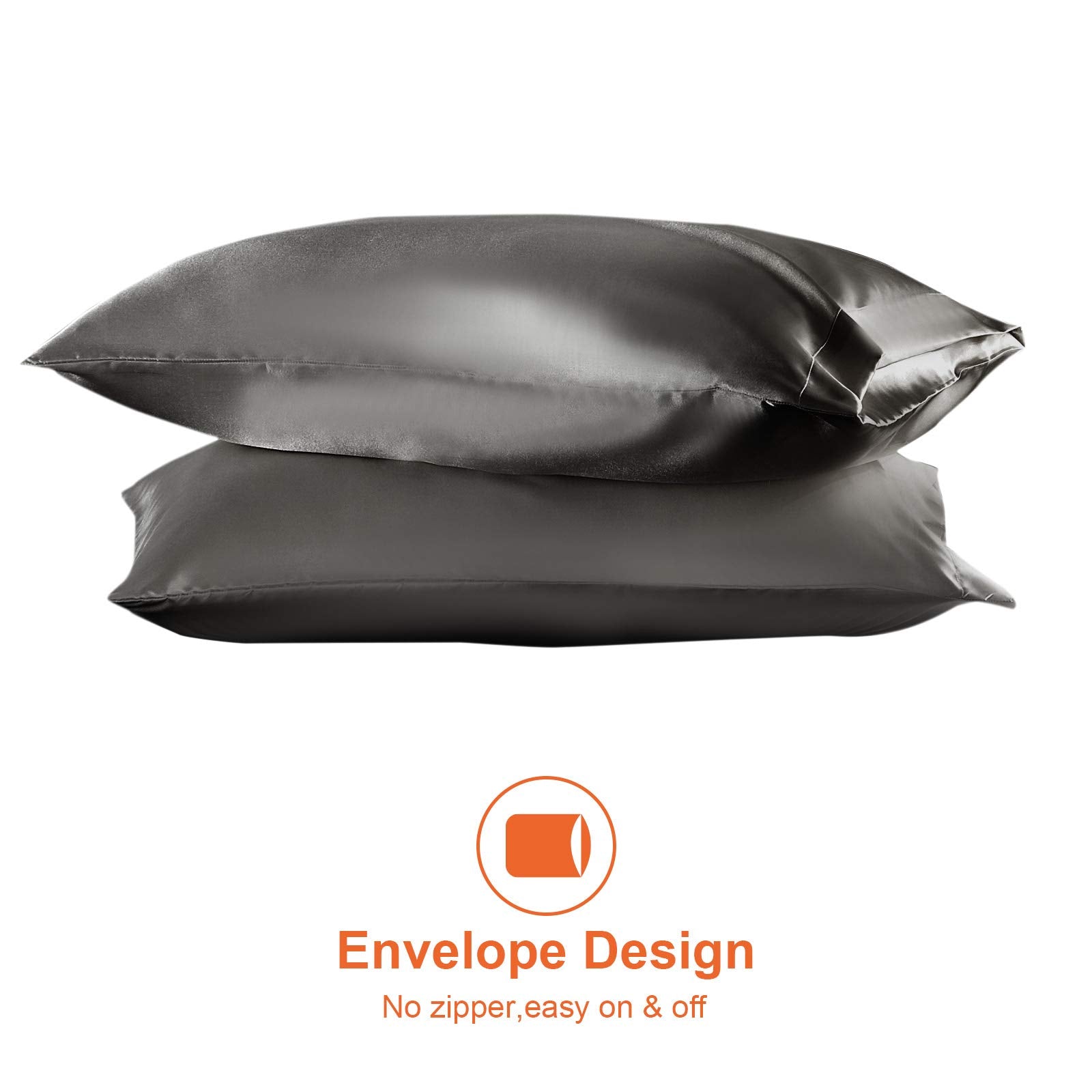 EHEYCIGA Satin Pillow Cases 2 Pack Dark Grey, Silky Pillowcases for hair and skin with Envelope Closure, Standard Size, 50x75 cm