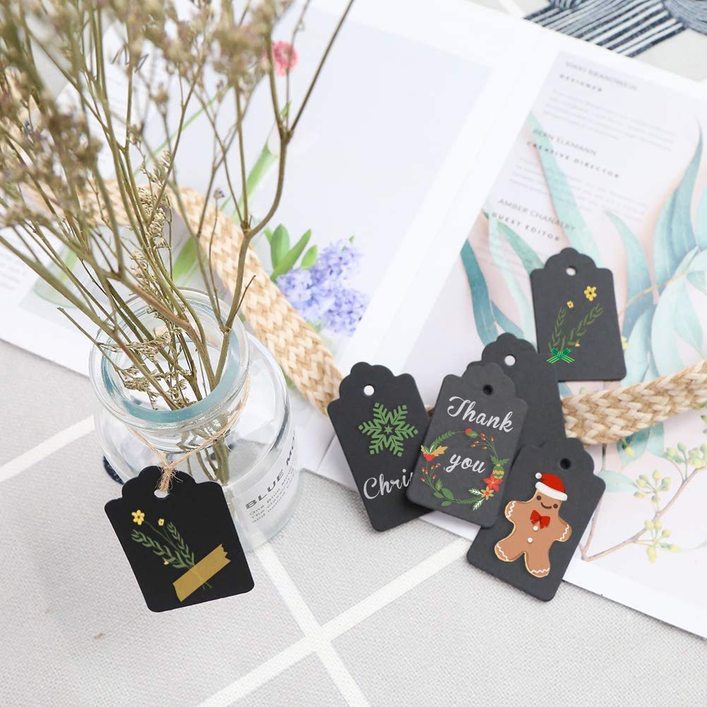 Black Paper Gift Tags with Free Natural Jute Twine 50Pcs, 9x4.5cm (Black)