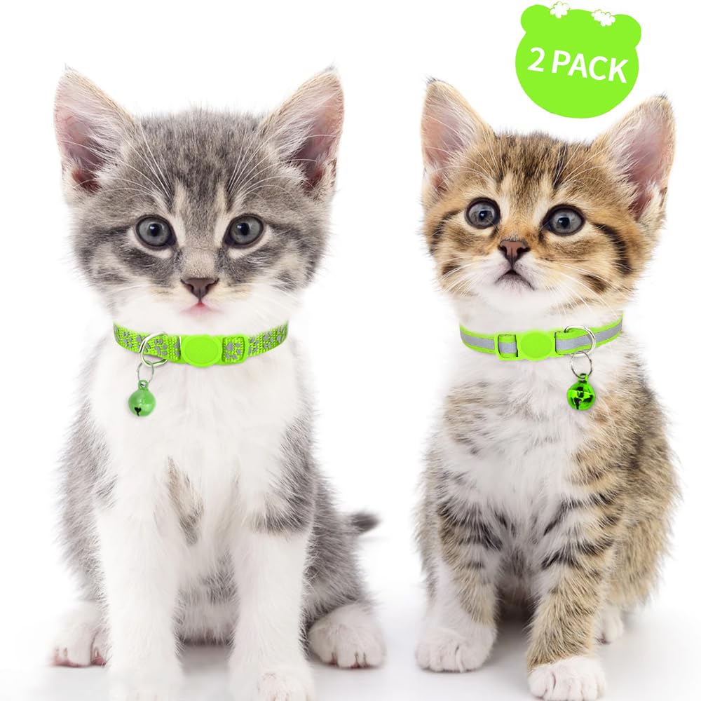 Taglory Reflective Cat Collar with Bell and Safety Release, 2-Pack Girl Boy Pet Kitten Collars Adjustable 15-20 cm Green