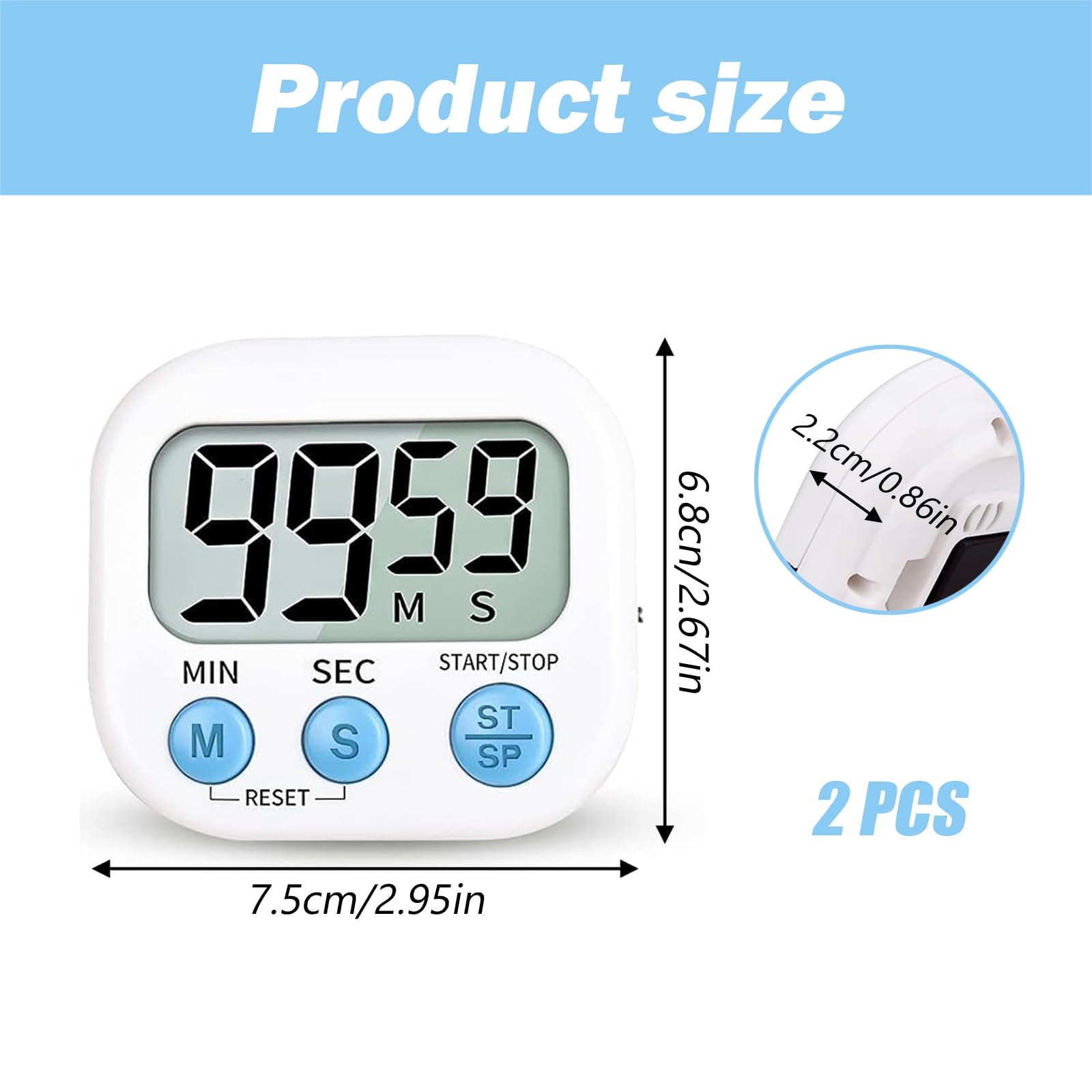 2 Pcs Timers for Cooking, Kitchen Timer, Digital Stopwatch Timer with On/Off Switch Clear Display Desk Timer for Baking Classroom Kitchen Study Exercise Training (White)