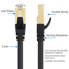 DbillionDa Cat8 Ethernet Cable, 1.8M Heavy Duty High Speed 26AWG Cat8 LAN Network Cable 40Gbps, 2000Mhz with Gold Plated RJ45 Connector, Weatherproof S/FTP UV Resistant for Router, BLACK, Cat8-6ft