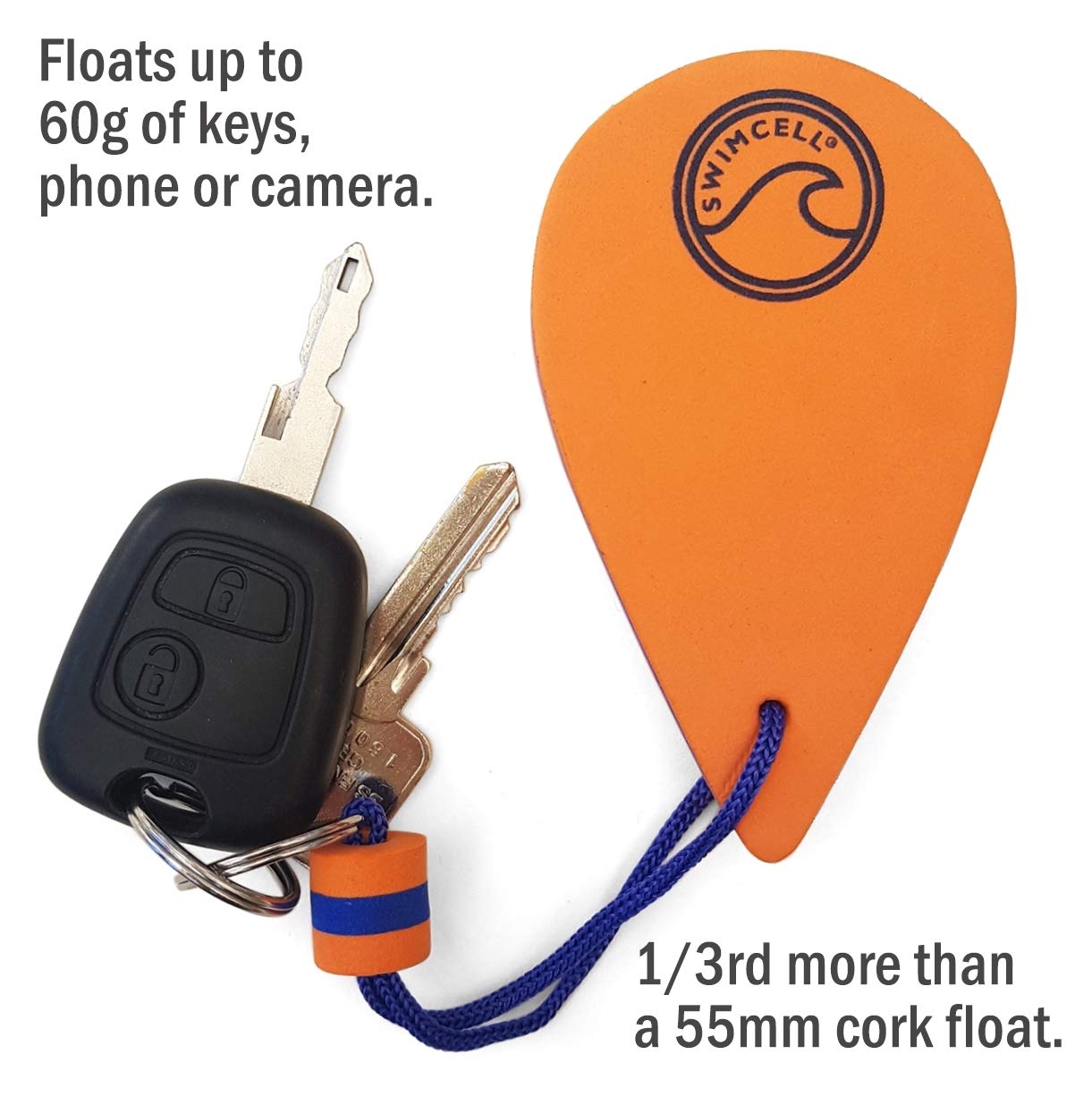 SwimCell Floating Keyring for Boat Keys. Floats 60gm in Water - 3 Times More Than A Marine Cork! Key Float Nautical Keychain Sailing Gift. Key Buoy For Action Camera & Phone Case- Orange