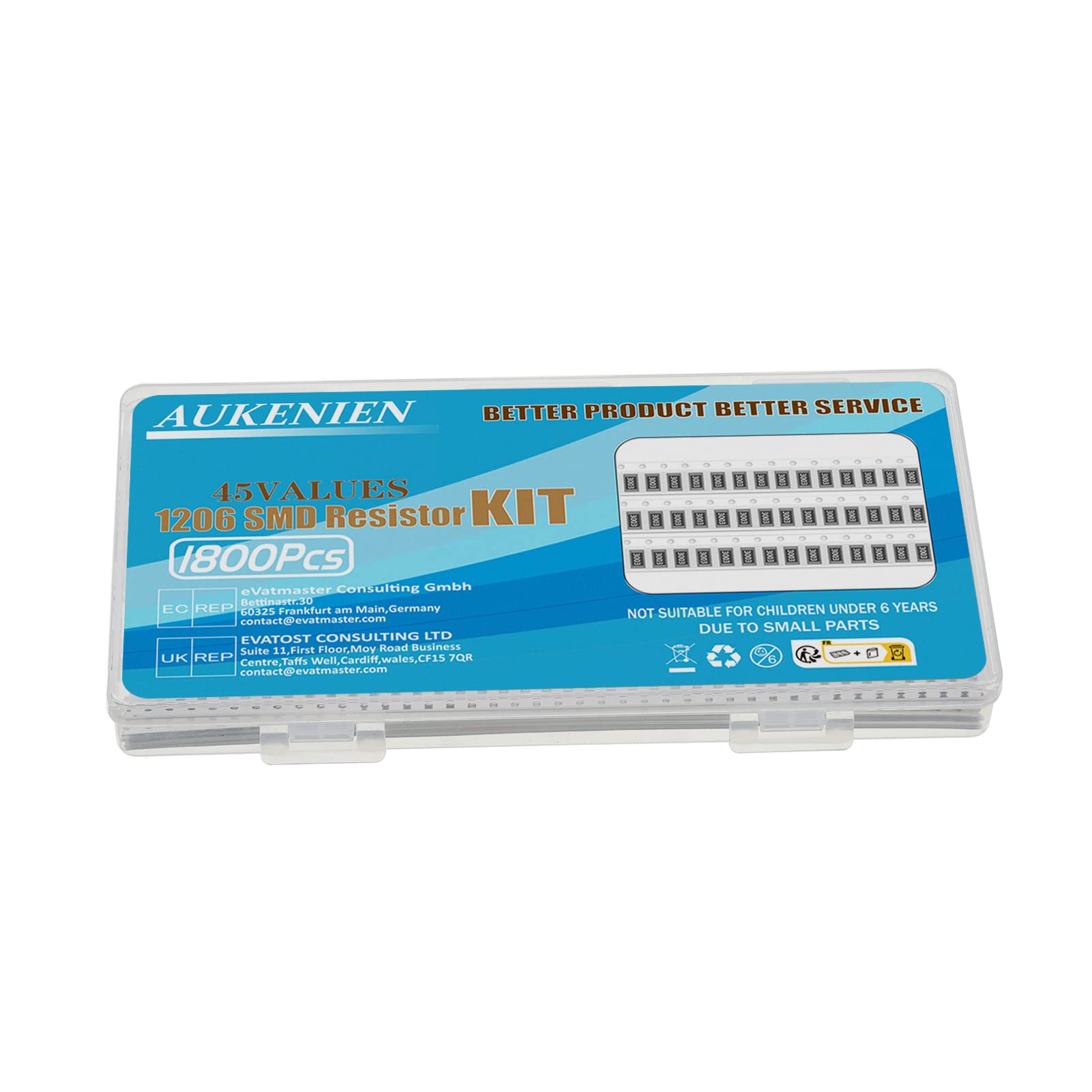 AUKENIEN 1206 SMD Resistor Kit 45 Values 1800pcs 0R to 10M Ohm 1/4W SMT Chip Resistors Assortment with ±1% Tolerance