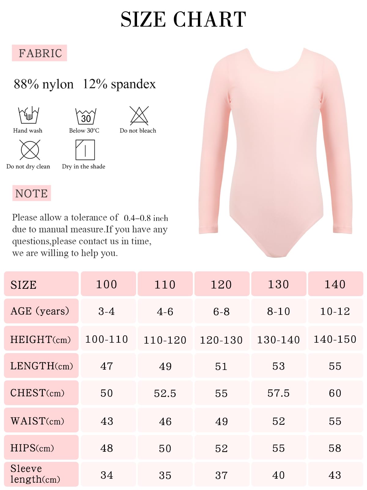 Bezioner Ballet Leotard for Girls,Gymnastics Leotards Long Sleeve Dance Outfit for Kids Pink 140