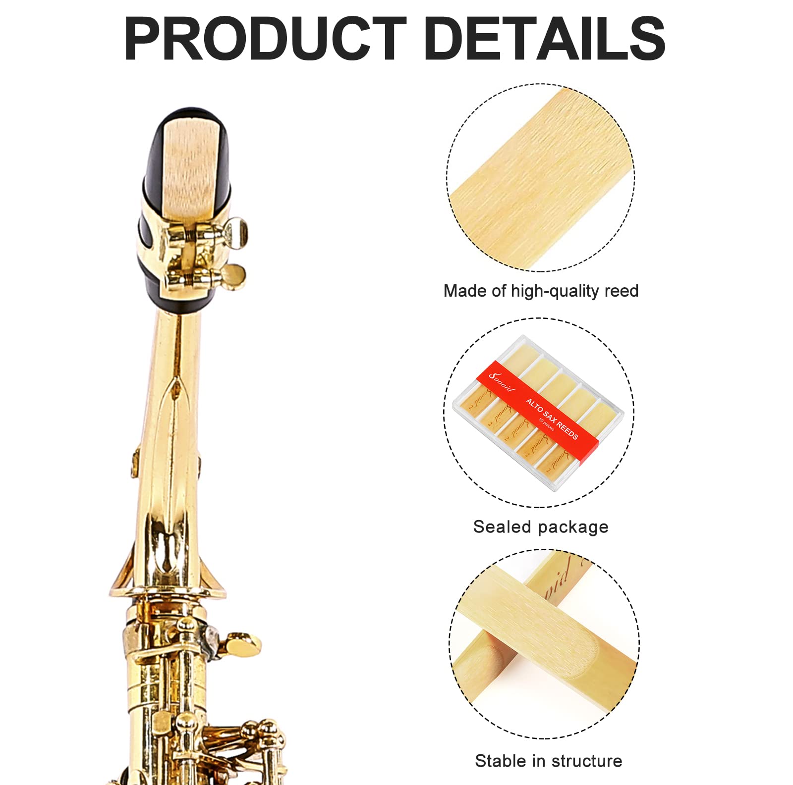 Sovvid 10 Pack Professional Alto Saxophone Reeds with Plastic Box, Strength 2.0 Alto Sax Reeds, Laser Engraved Marking & Thinner Reed Tip for Easy of Play, Traditional Reeds for Saxophone Alto