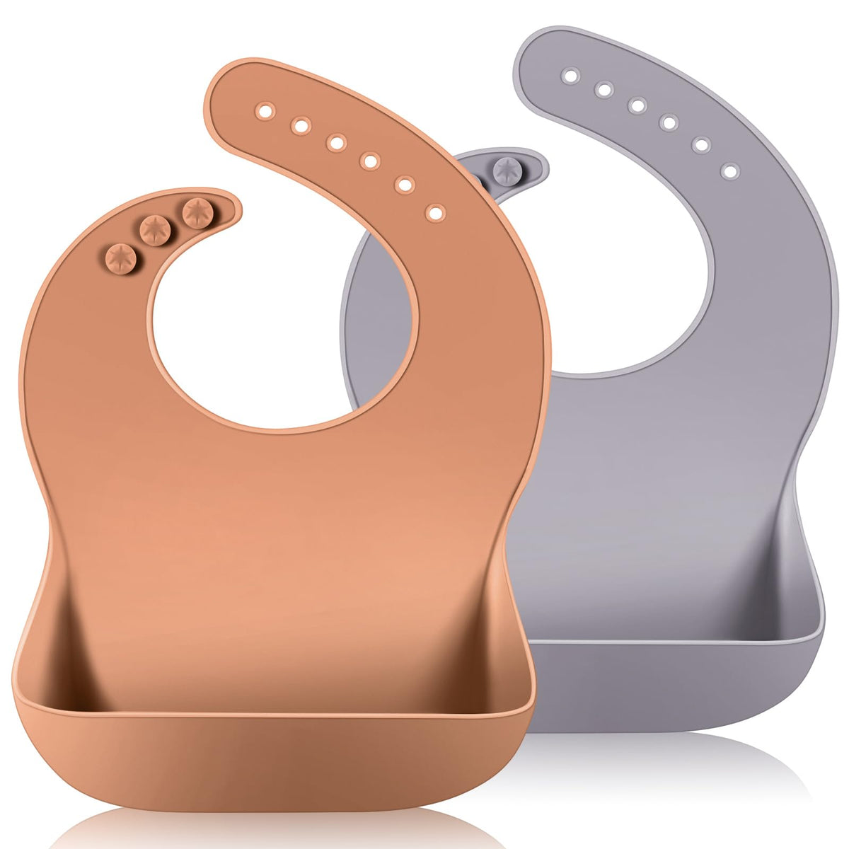 Vicloon Silicone Baby Bib, 2PCS Baby Weaning Bibs, Waterproof Baby Feeding Bibs Adjustable with Wide Food Catcher Pocket Unisex Toddler Bibs (Grey-Brown)