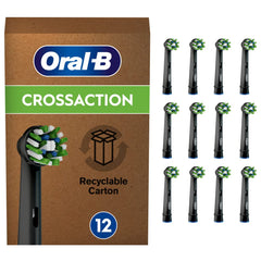 Oral-B Cross Action Electric Toothbrush Head with CleanMaximiser Technology, Angled Bristles for Deeper Plaque Removal, Pack of 12 Toothbrush Heads, Recyclable Carton, Suitable for Mailbox, Black