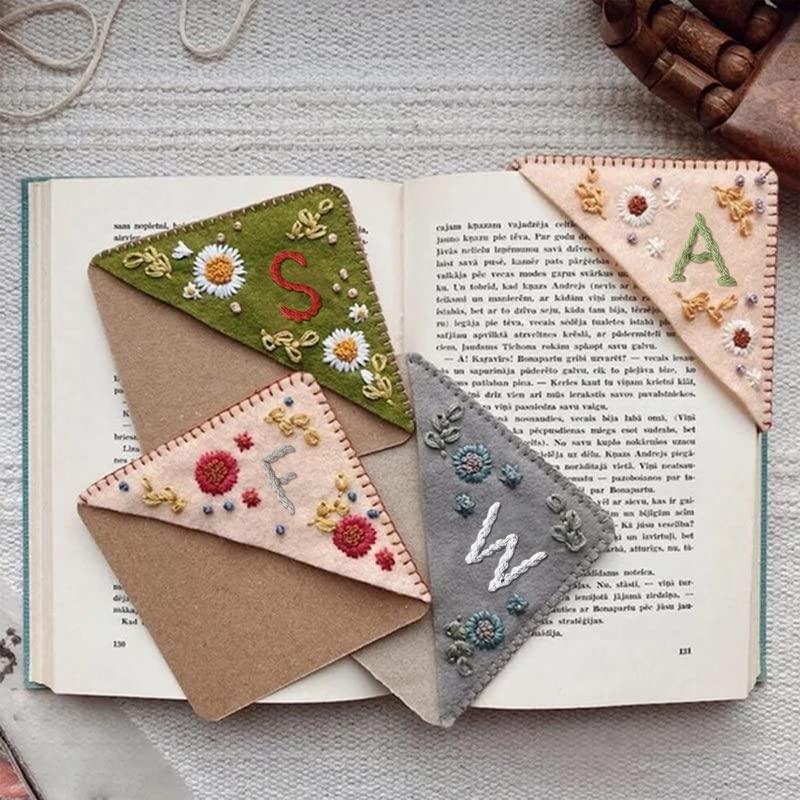 Litthing Hand Embroidered Corner Bookmark, 26 Letters Personalised Bookmarks Women Seasons Book Marks Felt Triangle Bookmark Gifts for Book Lovers Men Kids