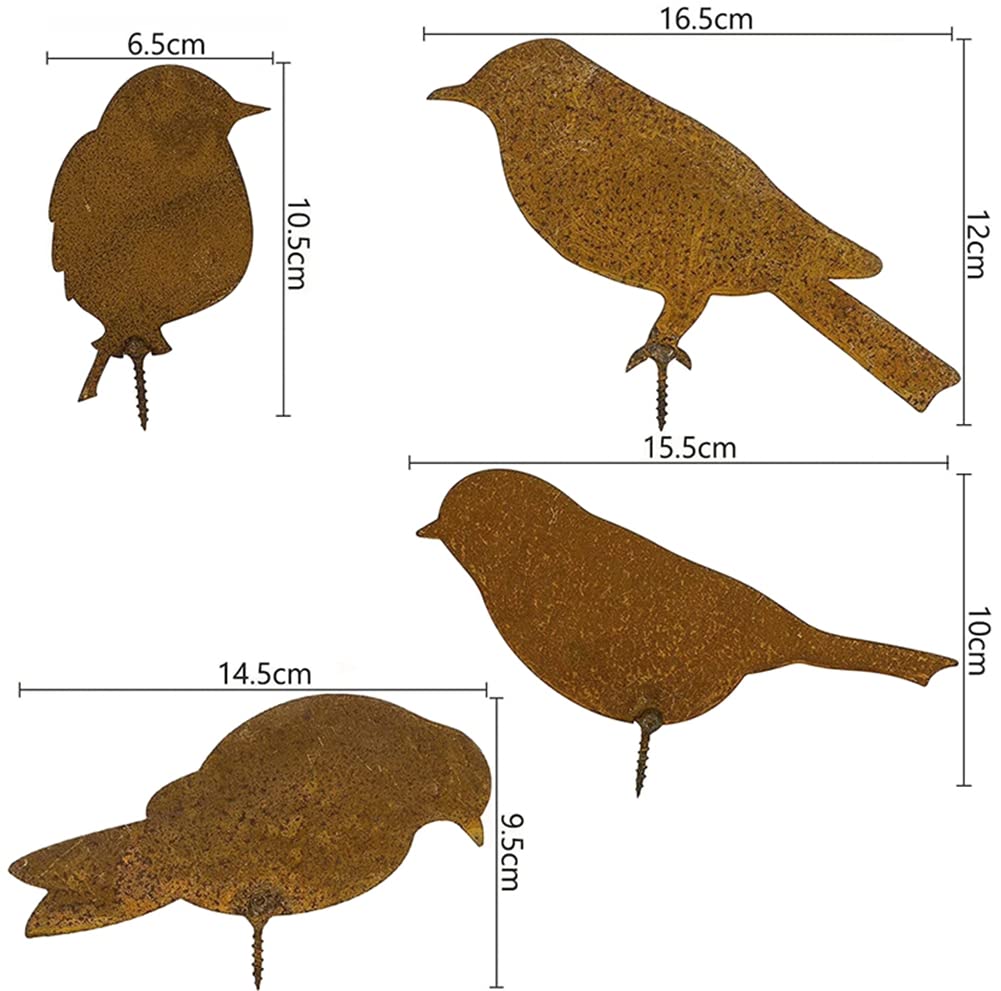 4 Pieces Rusty Birds Decoration,with Screw for Screwing in Wood,Lifelike Patina Metal Birds Garden Ornaments Silhouette Simulation Bird Figurine Home Decor Rustic Outdoor Garden Fence Decor