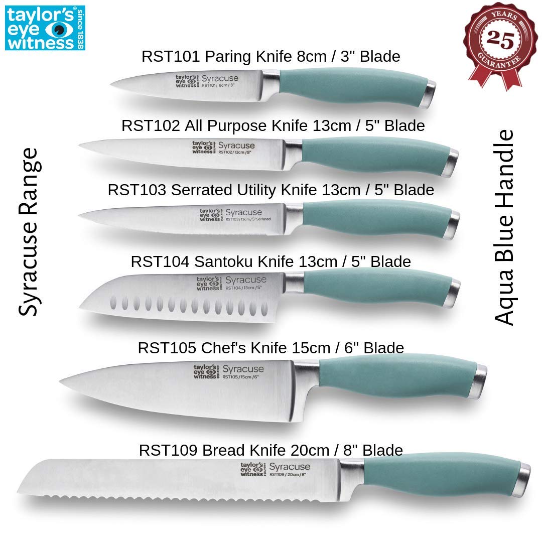 Taylors Eye Witness Syracuse Serrated Utility Kitchen Knife - Professional 13cm/5” Cutting Edge, Multi Use. Ultra Fine Blade, Precision Ground Razor Sharp. Soft Textured Grip. Aqua Blue Handle.