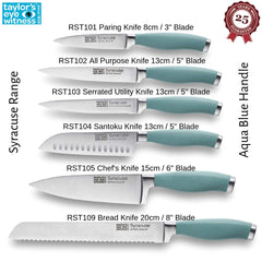 Taylors Eye Witness Syracuse Serrated Utility Kitchen Knife - Professional 13cm/5” Cutting Edge, Multi Use. Ultra Fine Blade, Precision Ground Razor Sharp. Soft Textured Grip. Aqua Blue Handle.