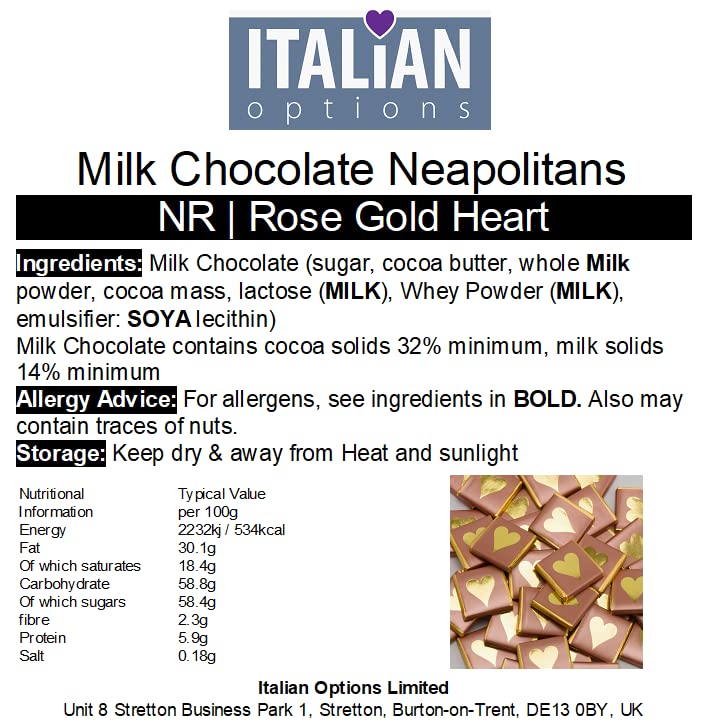 Italian Options Rose Gold Heart Wedding Chocolate Neapolitans (25 Chocolates)