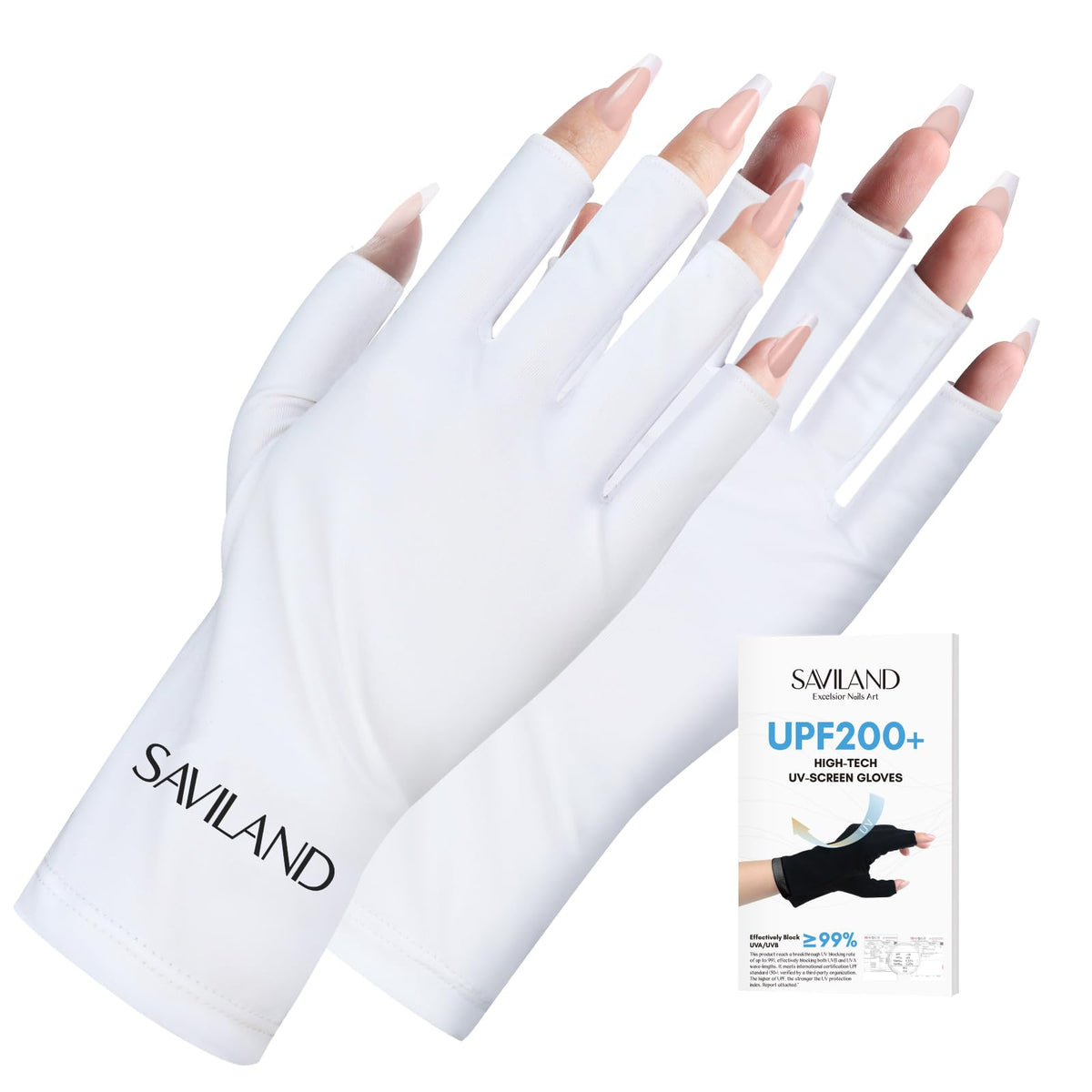 Saviland UV Gloves for Gel Nails - UPF200and Professional UV Protection Gloves for gel Manicures, Anti UVA & UVB 999and UV Nail Gloves for gel Nail Lamp Skin Care Fingerless Gloves Protect Hands (White)