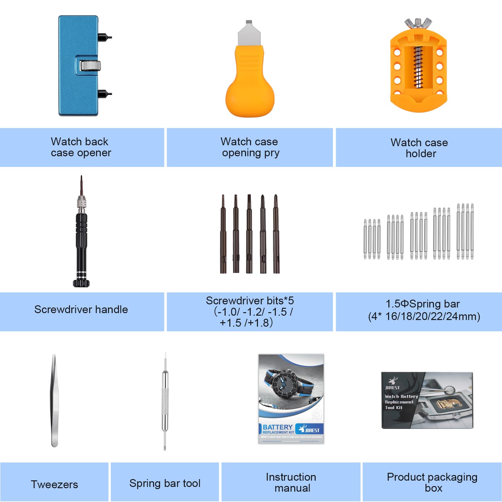 JOREST Watch Battery Replacement Kit, Watchmaker Repair Screwdriver, Watch Opening Tool, Watch Strap Replacement,Watch Back Remover, Watch Case Opener, Watch Back Remover Holder, Spring bar, Tweezers