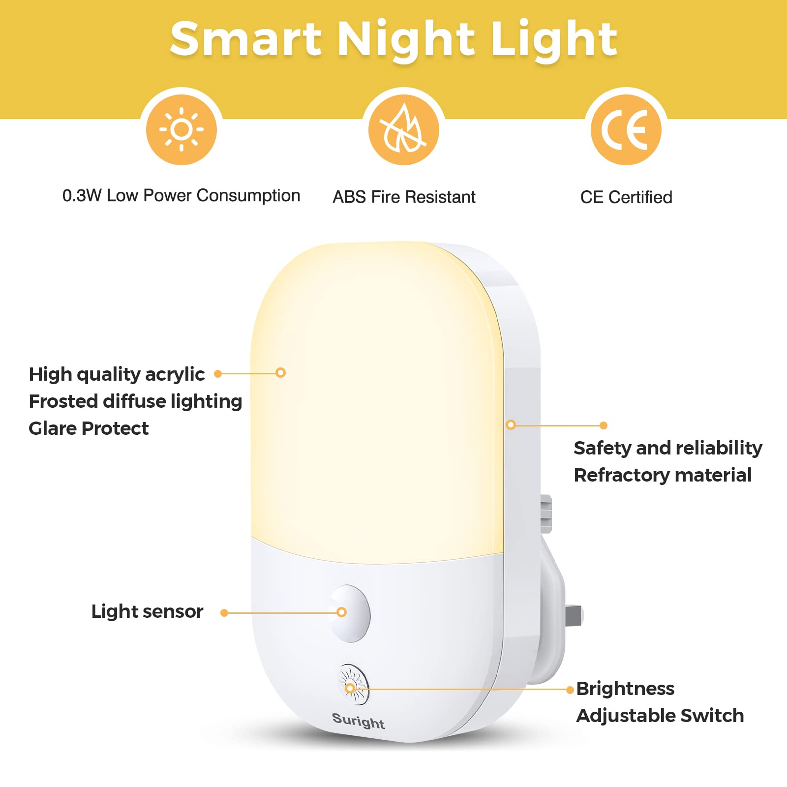 Suright Plug in Night Light with Dusk to Dawn Photocell Sensor, 2 Pack, with 5 Levels Brightness Adjustable, 3000K Warm White Night Light Kids for Bedroom, Hallway, Stairs, Nursery, 0.3 W