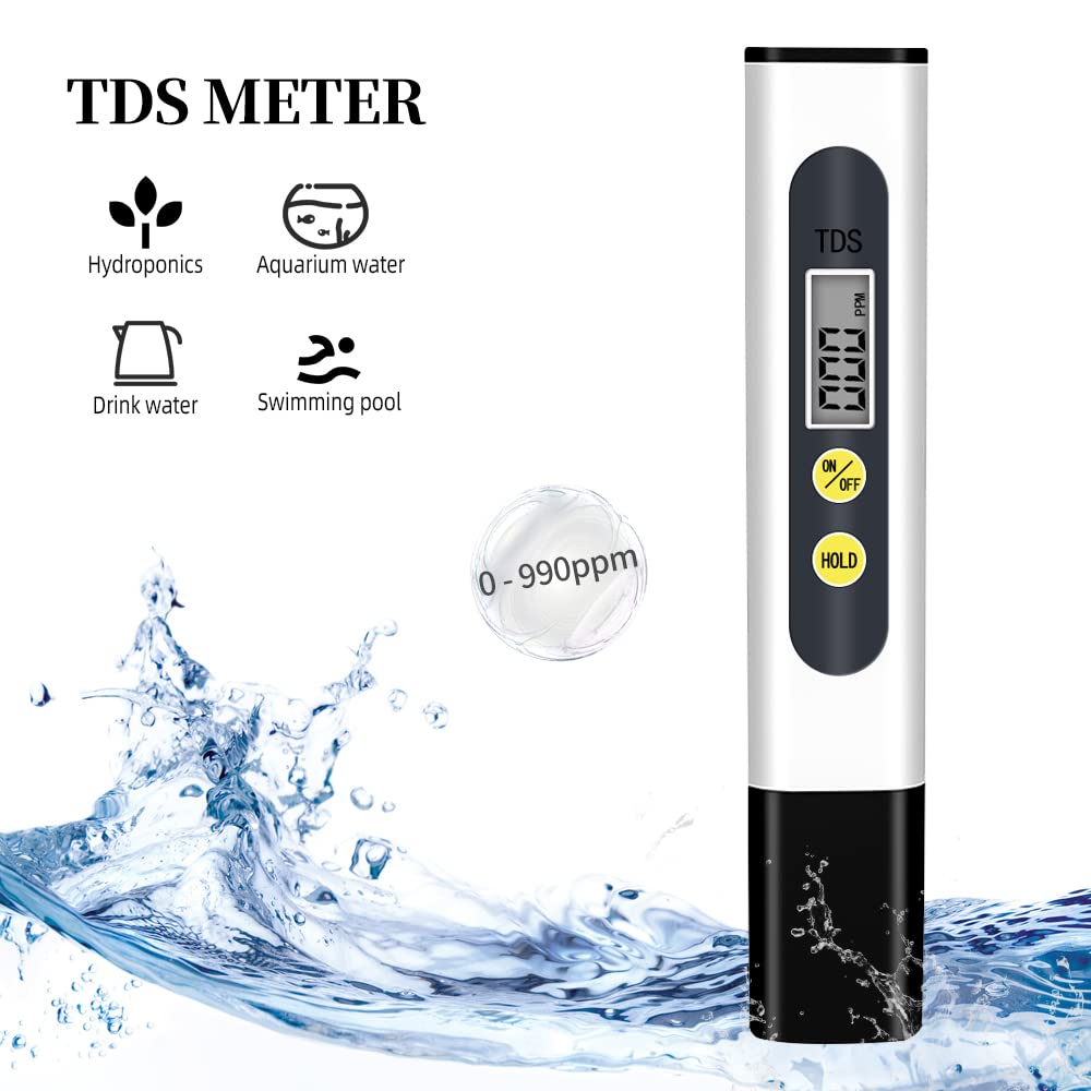 TDS Meter Digital Water Quality Tester for RO-RODI System Drinking Water, Aquariums, Hydroponics, 0-9990 ppm Measuring Range, 1 ppm Increments, 2% Readout Accuracy