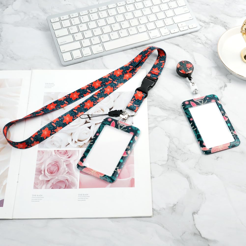 Vicloon Lanyard with Card Holder, 2Pcs ID Badge Holder with Lanyard, Retractable Badge Reel Carabiner Clip and Detachable Lanyard Strap Hard Card Protector for Women Teacher Student (Red Flower)