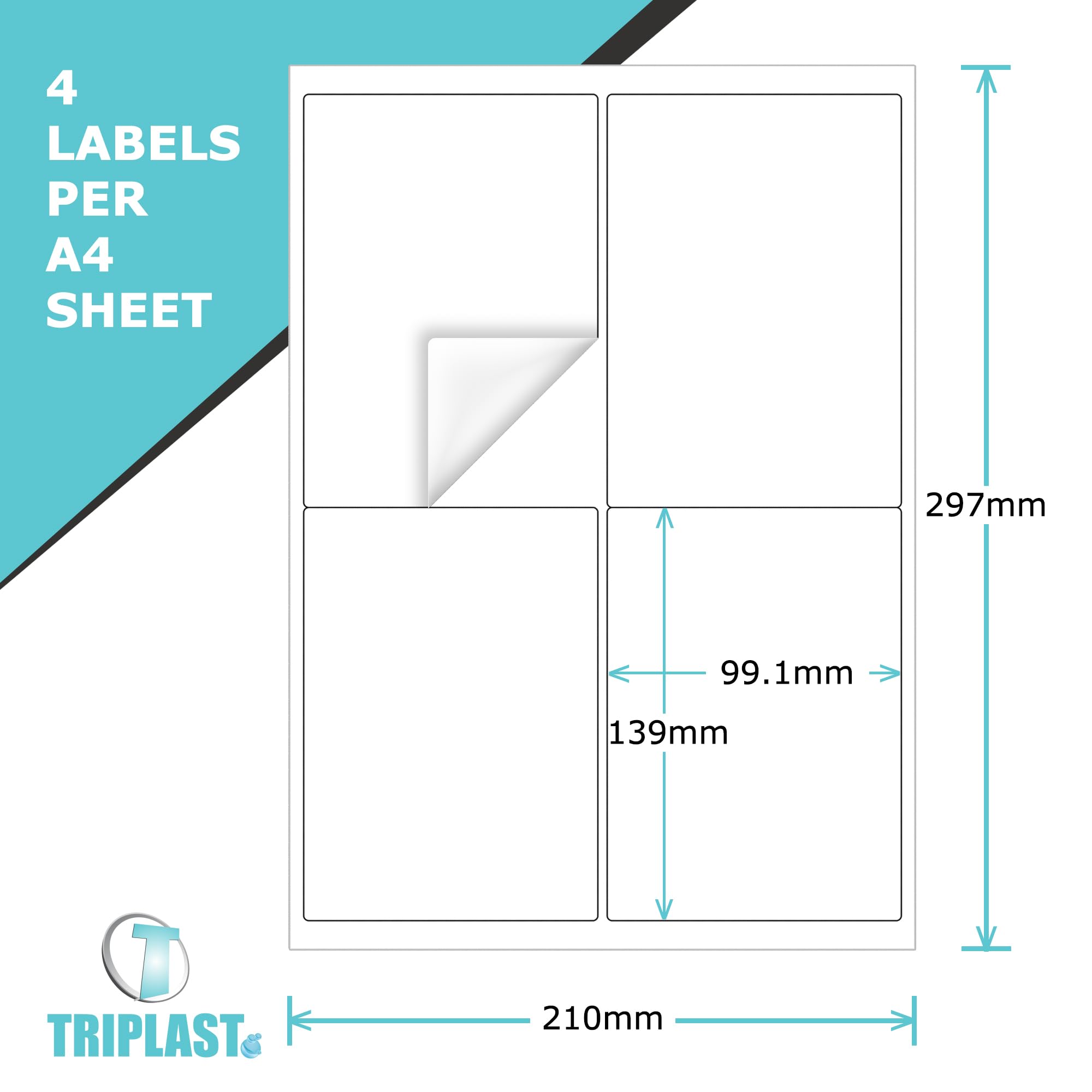 Triplast 10 x Multipurpose A4 Label Sheets - 4 Labels Per Sheet (99 x 139mm Each) - Easy Peel White Labels for Inkjet & Laser Printer - Address Labels, Shipping Labels, File Labels, DIY Stickers