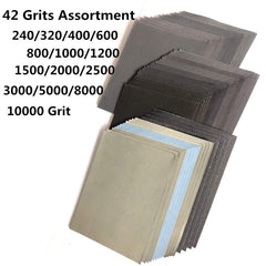 FEIHU Wet Dry Sandpaper.120 to 10000 Assorted Grit Sandpaper.14 x 11.5 cm Abrasive Paper Sheets for Automotive Sanding Wood Furniture Finishing Palm Sanders(42-Sheet Sandpaper)