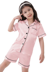 SWOMOG Kids Satin Pyjamas Sets Girls Boys Button-Down Pjs Short Sleeve Silk Nightwear 2 Piece Lounge Sets