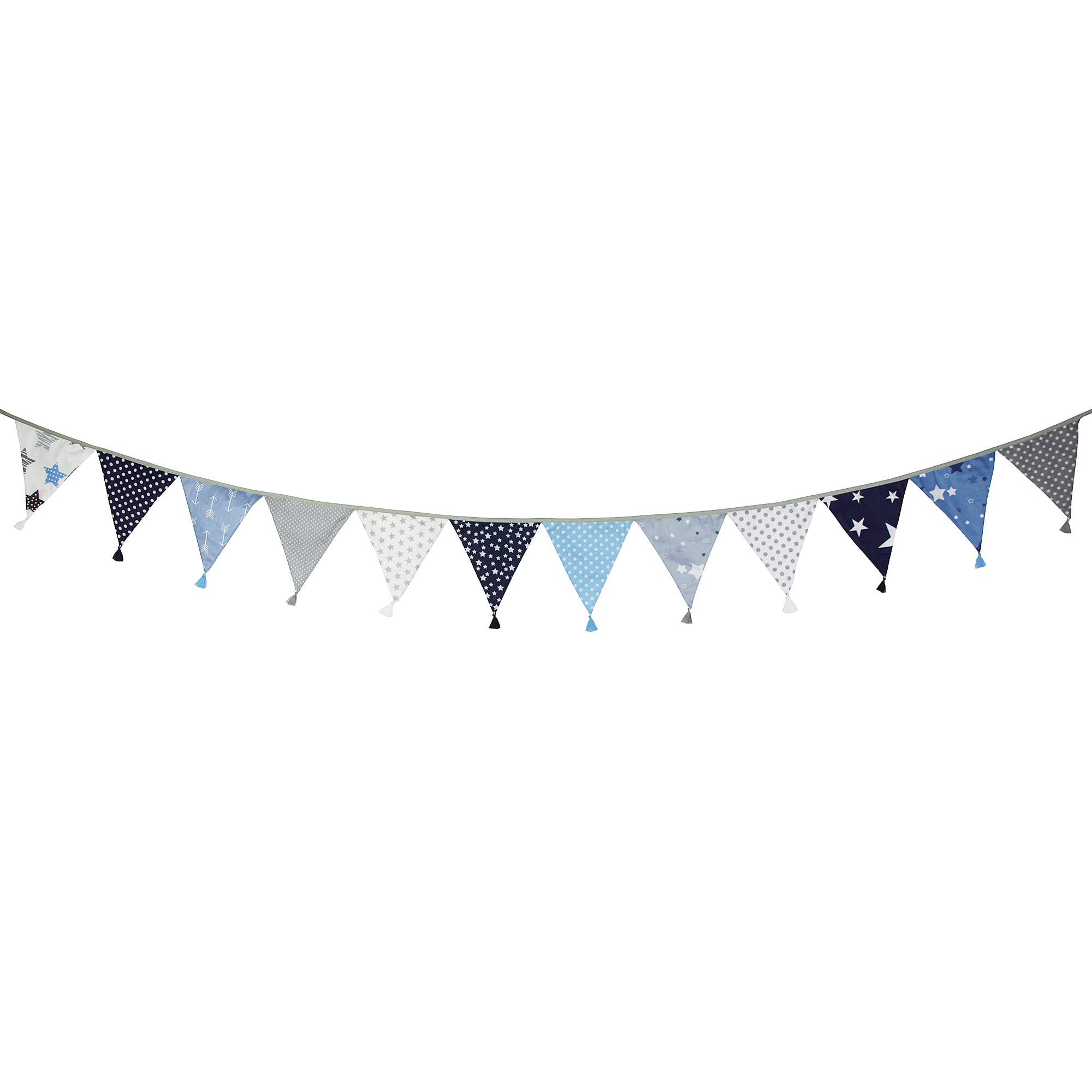 G2PLUS Fabric Bunting Banner with Tassel, 3.3M Double Sided Cotton Tassel Banner with 12 Blue and Grey Triangle Pennants, Vintage Cloth Garlands for Nursery Bedroom Playhouse Decoration