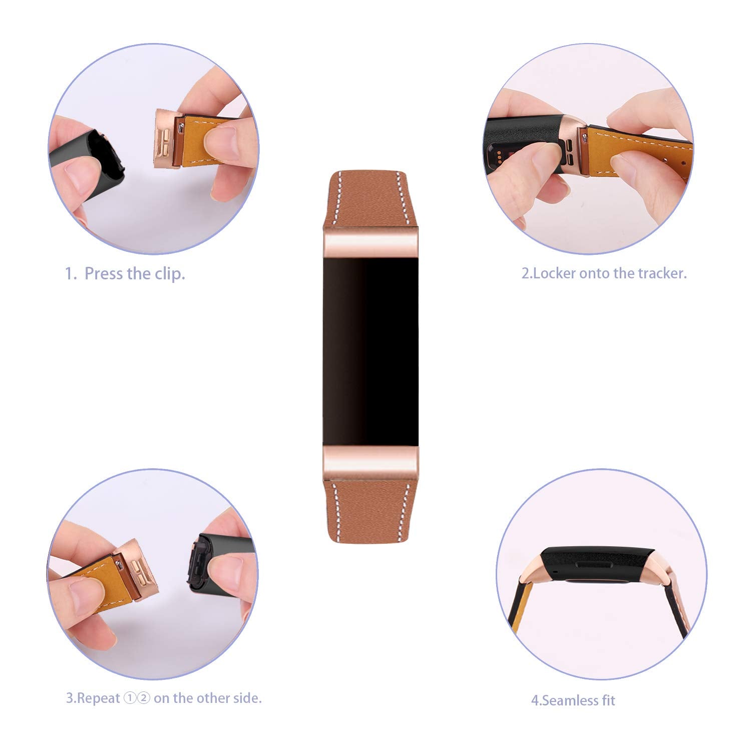 Mornex Strap Compatible Fitbit Charge 3 Strap/Charge 3 SE Leather Band, Classic Adjustable Replacement Wristband Fitness Accessories Metal Connectors,Rose Gold-Brown