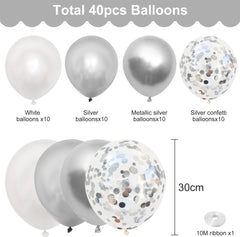 Silver Balloons, 40Pcs 12Inch Metallic Silver White Helium Balloons & Silver Confetti Balloons with Ribbons Glue Dots for Birthday Wedding Baby Shower Engagement Graduate Anniversary Party Decoration