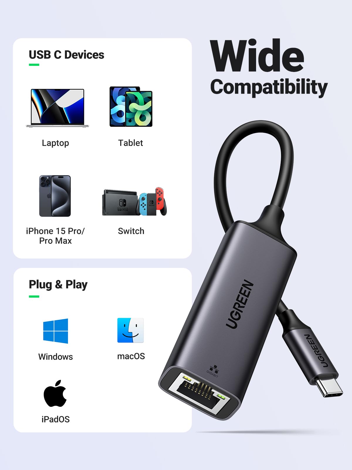 UGREEN USB C to Ethernet Adapter, Gigabit Wired Network Adapter, Aluminum RJ45 1000Mbps Thunderbolt LAN Adaptor Compatible with MacBook Pro 2020, iPhone 15 Pro Max, Steam Deck, Switch