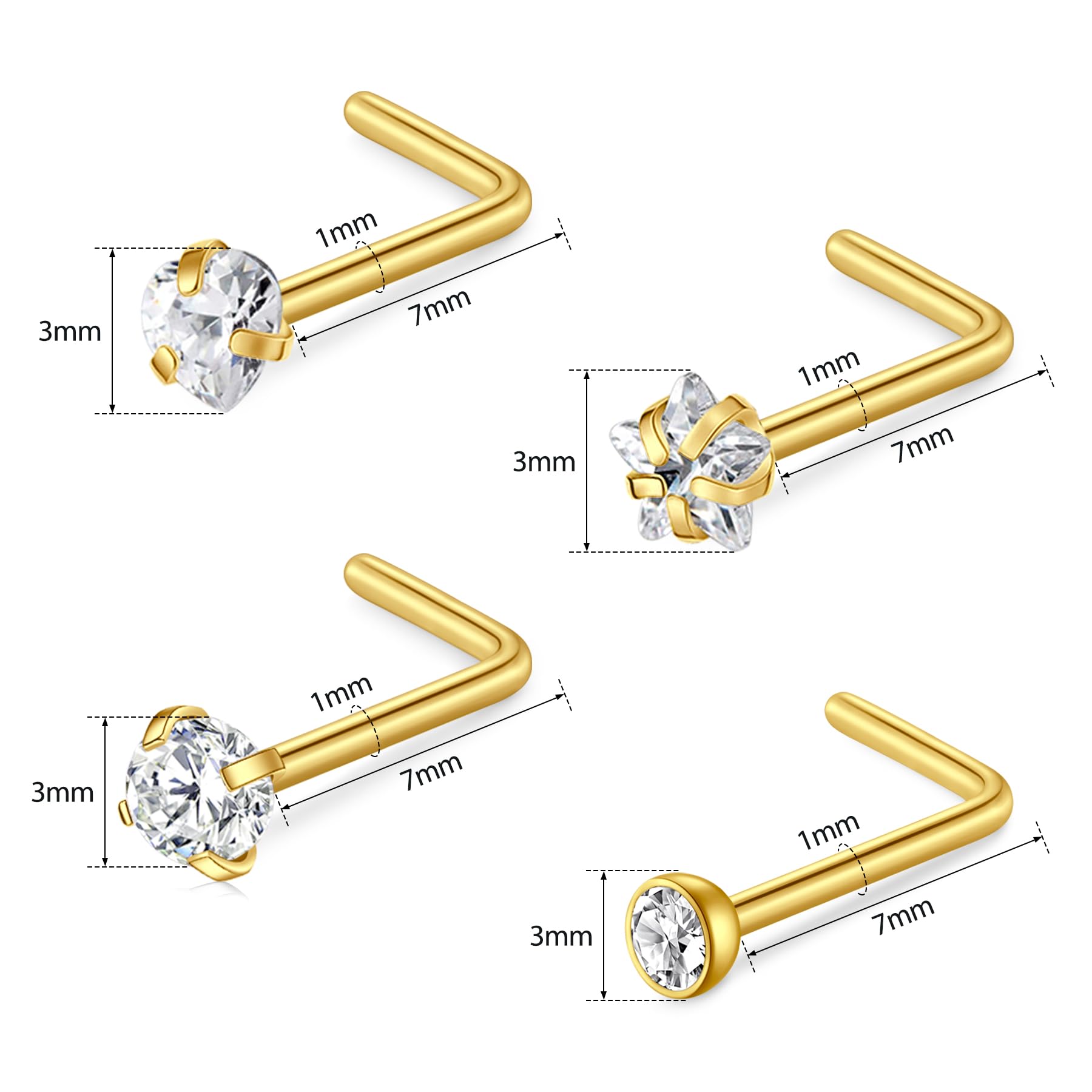 NIUSIMAN Nose Stud Gold Silver 18G L Shaped Nose Stud Screw Heart Cubic Zirconia Corkscrew Surgical Steel Nose Stud 8PCS Small Thin Nose Piercing Stud Ring Jewelry for Women Men Teenage Girls Boys