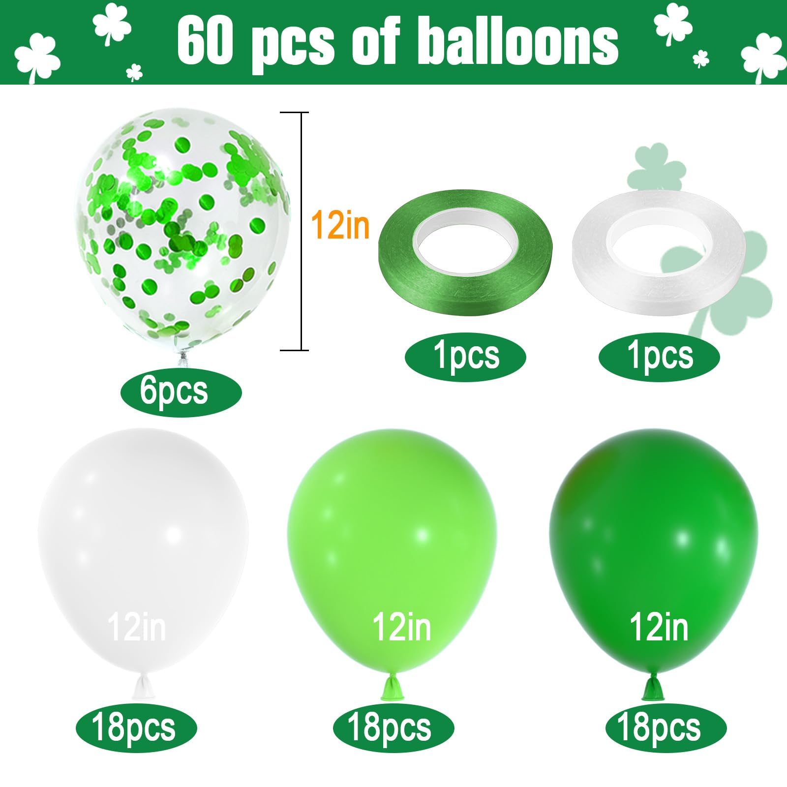 NEBURORA Green and White Balloons 60 Pcs 12 Inch St. Patrick's Day Confetti Latex Balloons Set for Irish Saint Patty's Day Parade Green-Themed Party Decorations Supplies