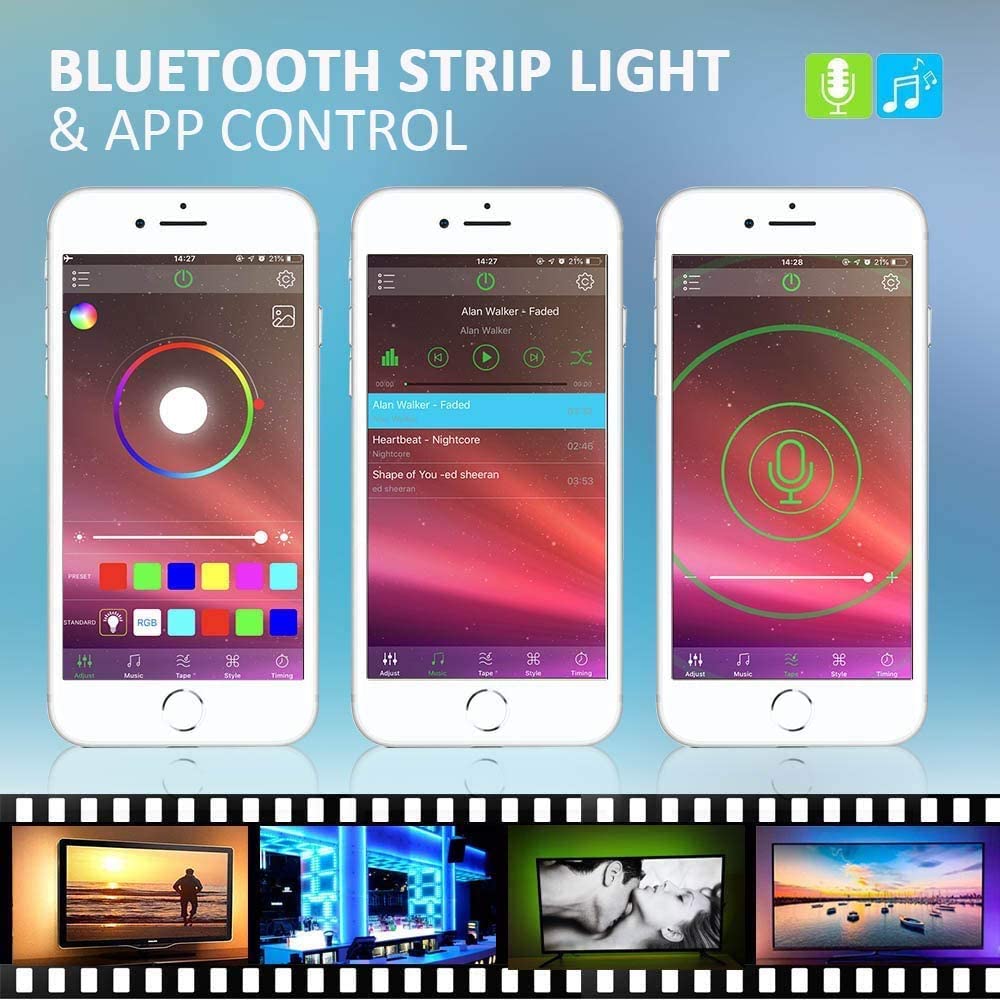 Romwish TV LED Backlights 3M, 9.8FT LED Strip Lights with Bluetooth APP Control for 40-50 inch TV, 16 Million Colors, Music Sync Color Changing and Timing Function, Adapter USB Powered