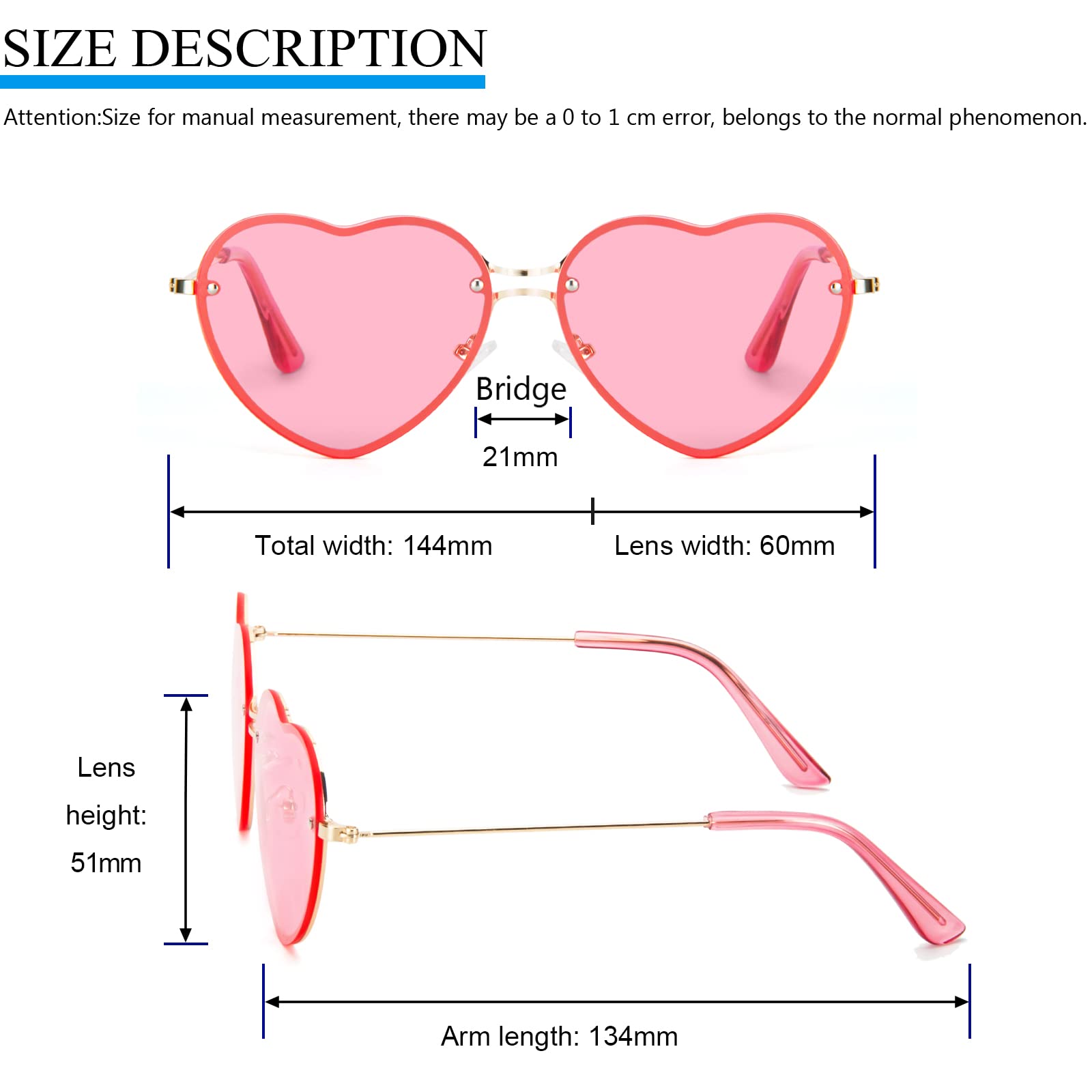 PARTY GO Heart Shape Sunglasses Woman Fashion Rimless Sunglasses UV400 Party Glasses, Pink