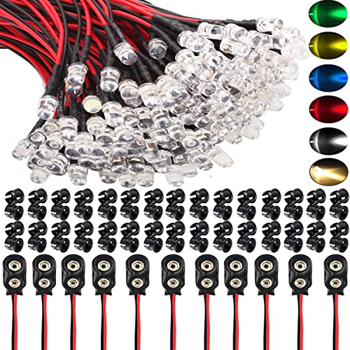 RUNCCI-YUN 60pcs 5mm prewired led，LED Diodes Light 12V 20cm Pre Wired led（Ultra Bright)and 60Pcs 5mm Plastic LED Holder and 9V Battery Holder Clip Cable for Model Railway