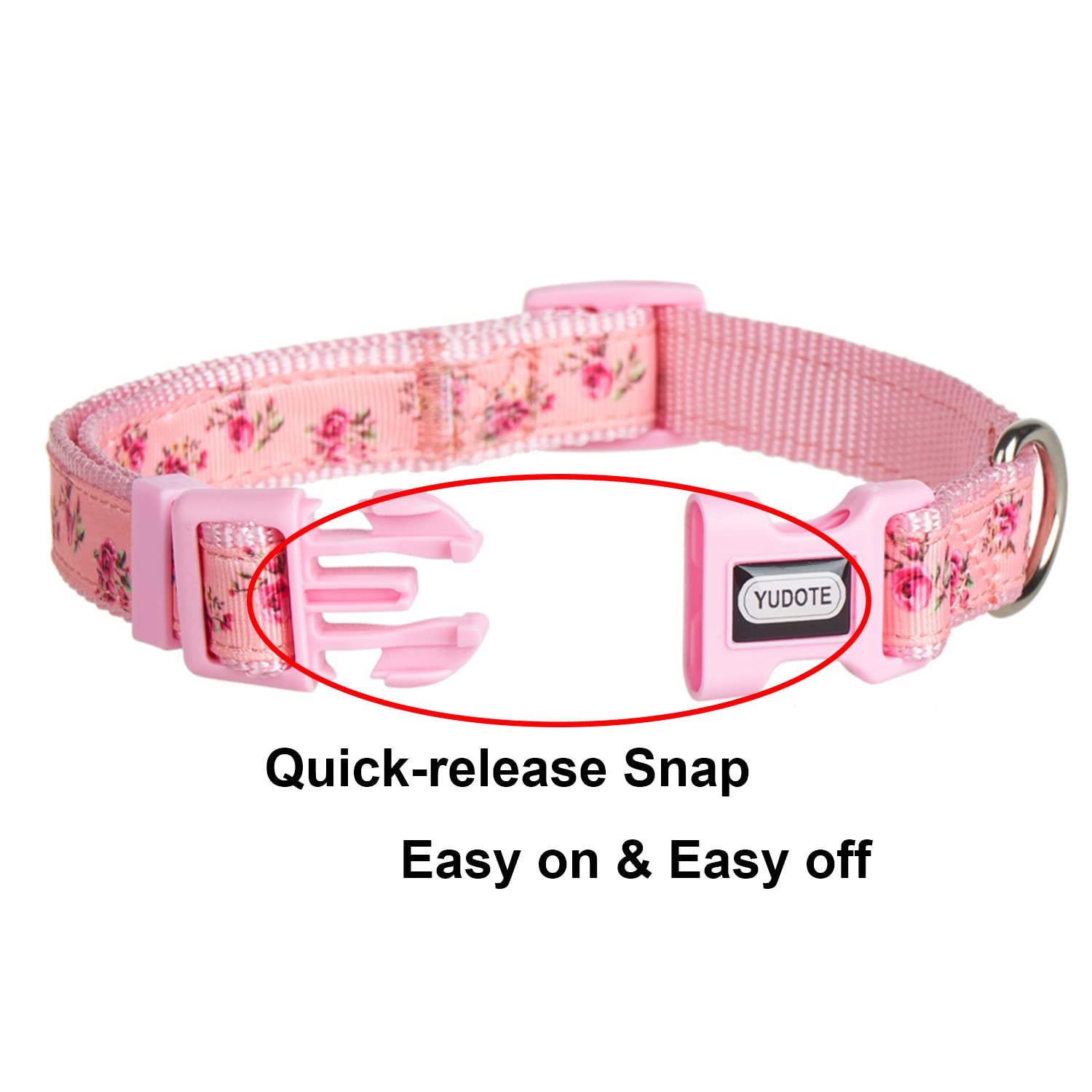 YUDOTE Adjustable Pink Nylon Dog Collar Small with Floral Patterned Ribbon for Puppies Active Female Dogs Neck 25-38cm