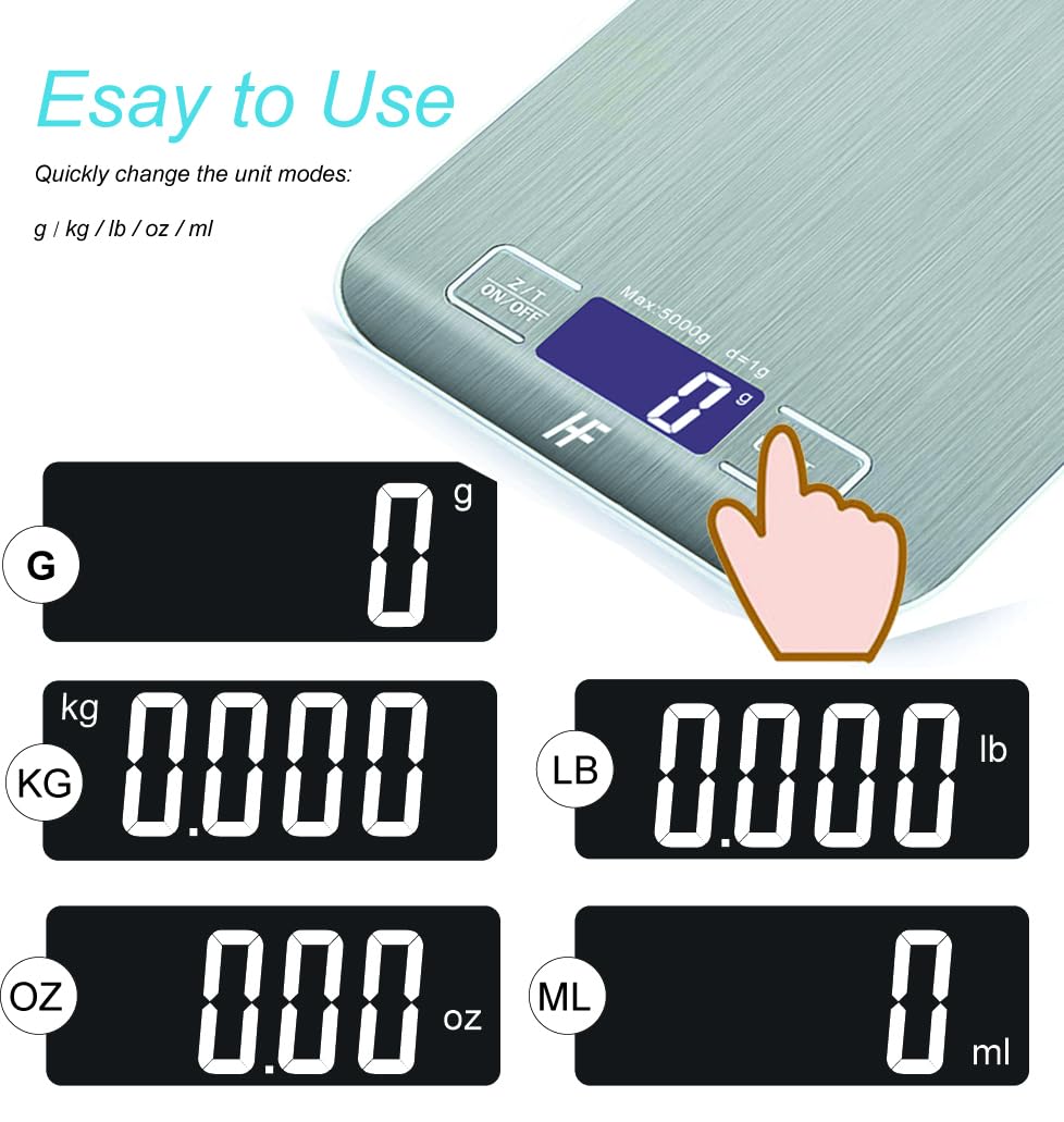 Digital Kitchen Scales Food Scale with stainless steel Platform Electronic Cooking with Backlit LCD Display Multifunction for Home Office Use 5kg 1g 11lb