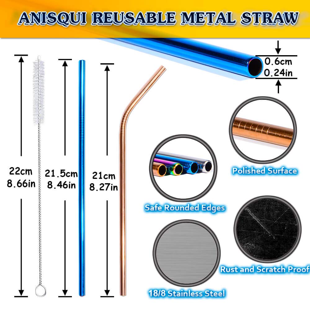 AniSqui Set of 8 Reusable Metal Straws and Cleaner, 8.5'' Coloured Stainless Steel Straws Reusable, (4 Straight and 4 Bent and 2 Brushes Reusable Straws Drinking)