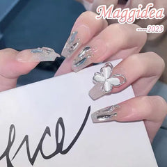 Press On Nails, Acrylic Handmade Stick on Nails, 24pcs 3D Butterfly False Nails with Glue Long Coffin Shape Luxury Design Fake Nails for Women Girls on Wedding Parties (3D Butterfly)