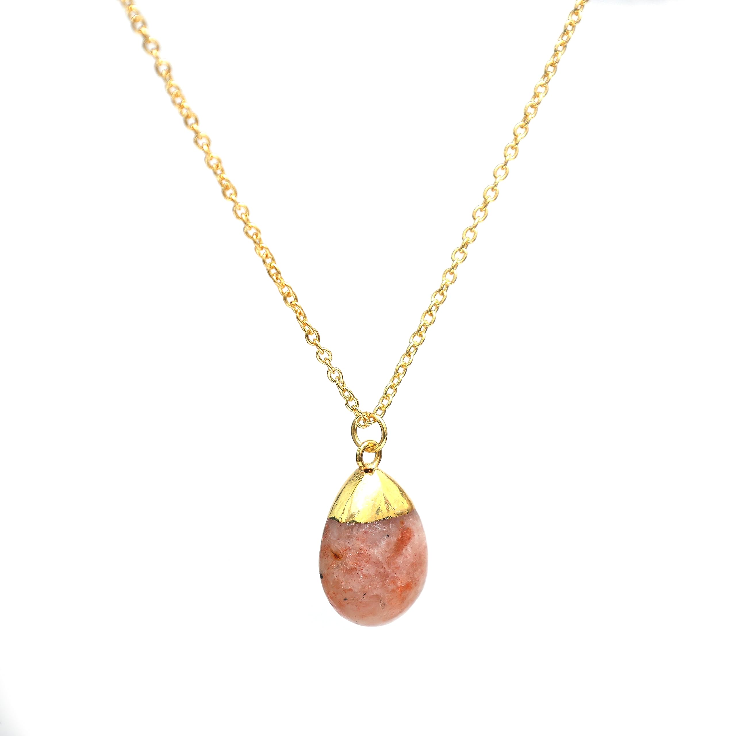 Gempires Sunstone Pear Necklace, Gold Electro Plated Crystal Pendant, 18 inch Adjustable 14K Gold Chain, Gem stone Jewelry for Women