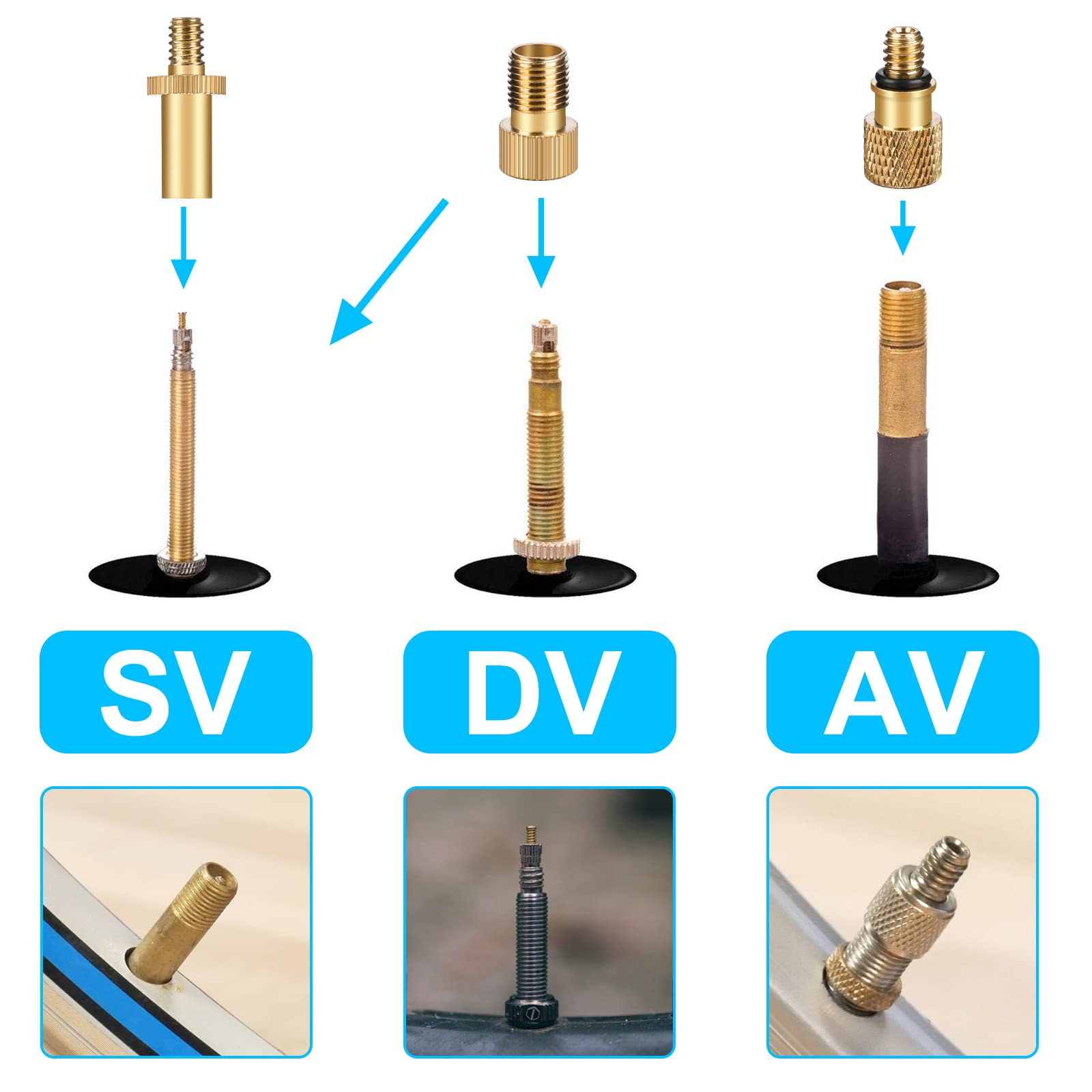 flintronic 25 Pack Bicycle Valve Adapter Kit Bicycle Pump Adapter with Ball Pump/Air Pump/Compressor Adapter Bicycle Valve Adapter Tire Valve Cap, DV SV AV Bicycle Valve Adapter