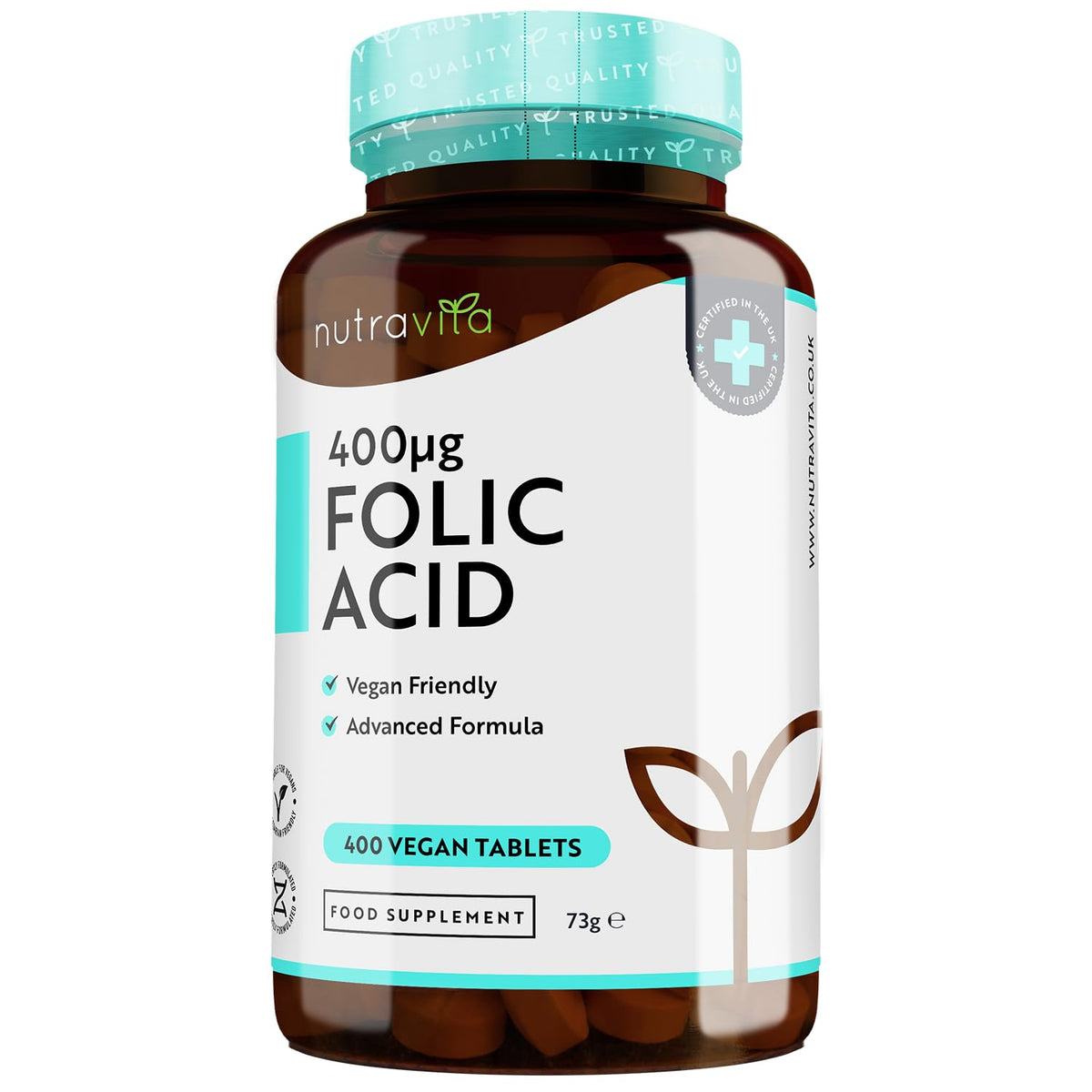 Folic Acid Tablets 400 mcg - 400 Vegan Vitamin B9 Tablets - 13 Month Supply - Pregnancy Care - Normal Function of Immune System & Maternal Tissue Growth During Pregnancy - Nutravita