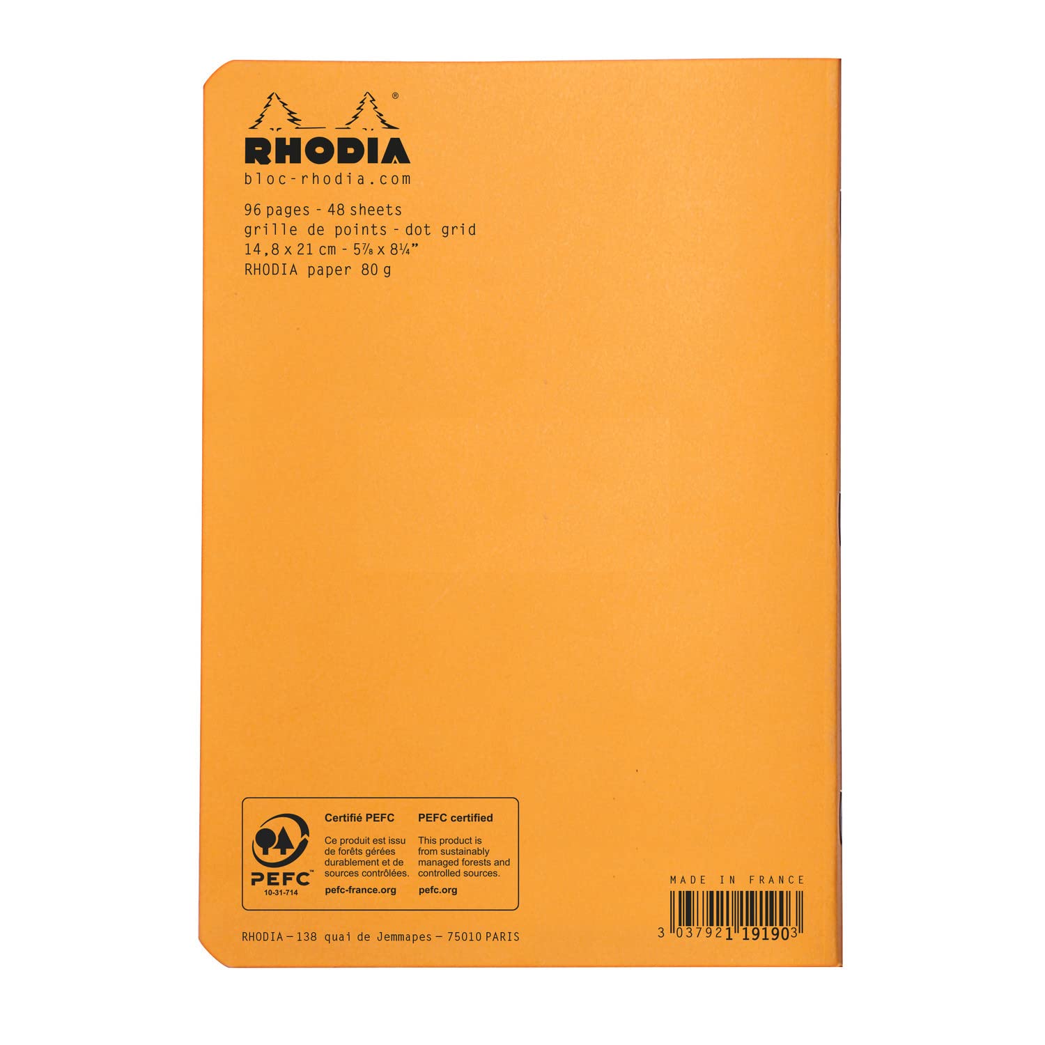 RHODIA 119190C - Orange Piqué Notebook - A5 - Dot Dot - 96 Pages - White Clairefontaine Paper 80 g/m - Soft, Resistant and Waterproof Coated Card Cover - Classic