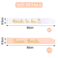 Shining She 15 Pieces Hen Party Accessories Sashes Sets, 14 Rose Gold Team Bride Sashes 1 White Bride to Be Sash, for Hen Party Wedding Bridal Shower Party Decorations