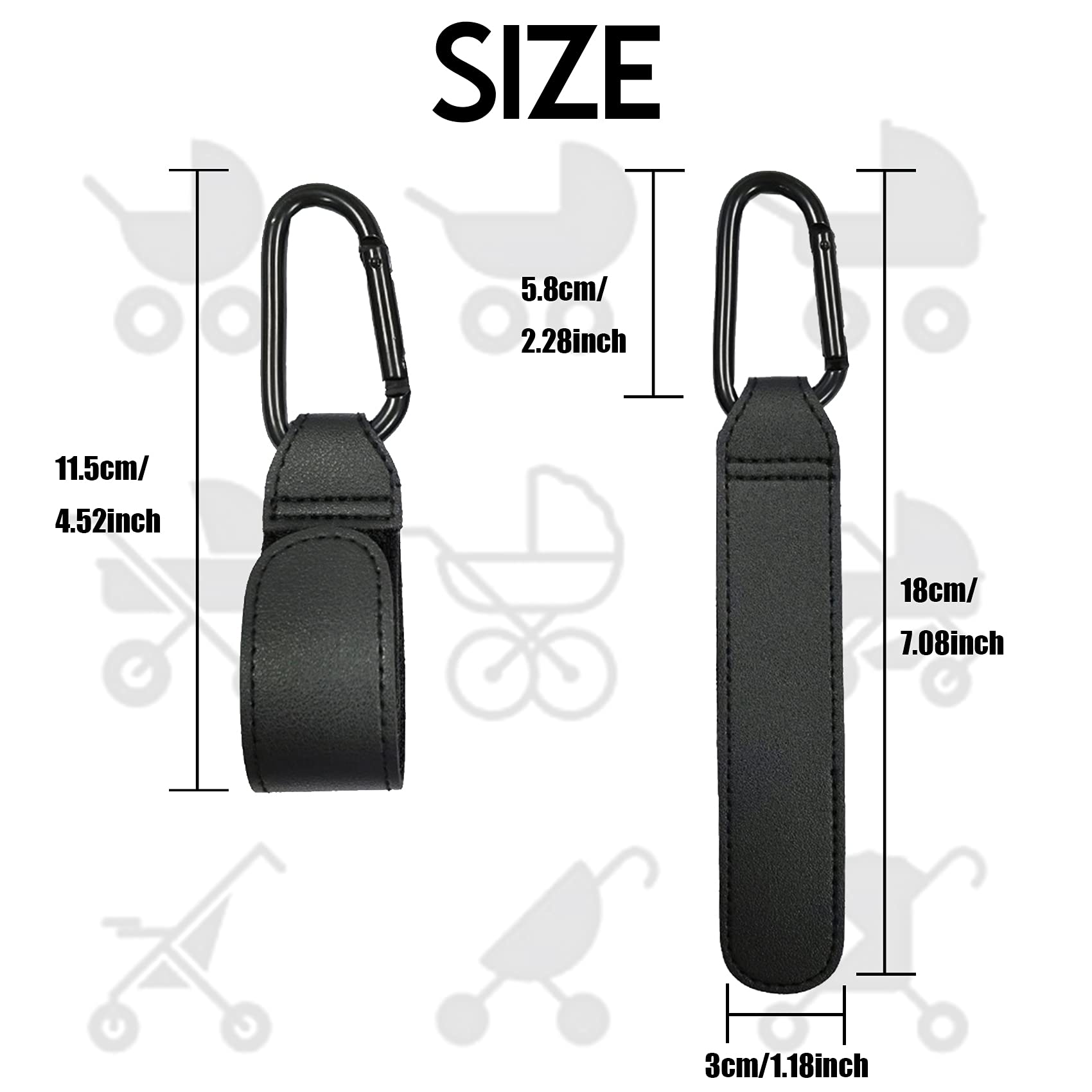 iZhuoKe Baby Bag Clips[2 PCS],Leather Style Pushchair Hooks,Buggy Clips for Pushchair Stroller Shopping Bag Handbag(Black)