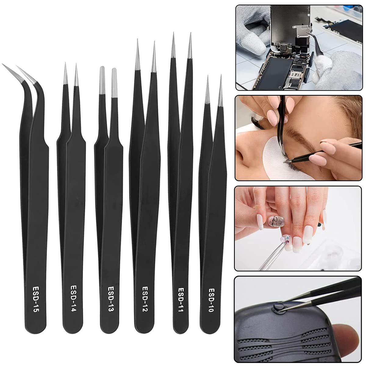 Precision ESD Tweezers Set, Anti-Static Stainless Steel Tweezers Set Kit Perfect for Electronics, Craft, Jewellery, Soldering, Laboratory Work and Detailed Work 10pcs