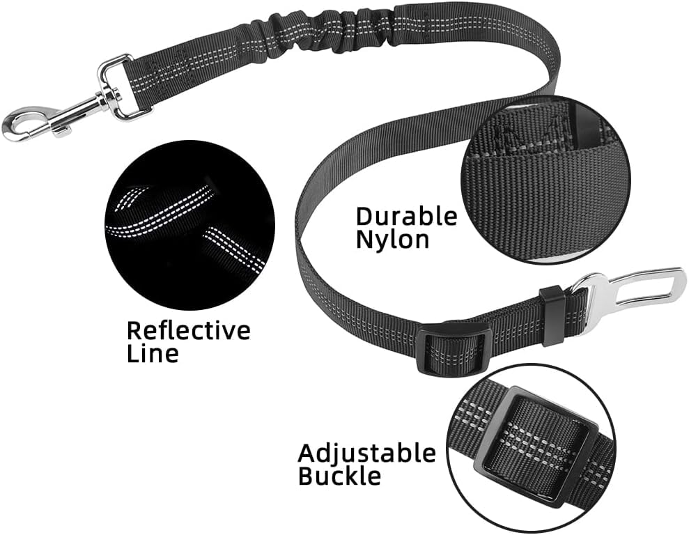 Dog Seat Belts for Cars - Dog Seat Belt Adjustable Elastic Bungee - Strong Durable Dog Car Harness - Car Dog Seat Belt 360 Degree Swivel Attach Won't Twist, Reflective, Easy to Use (BLACK)