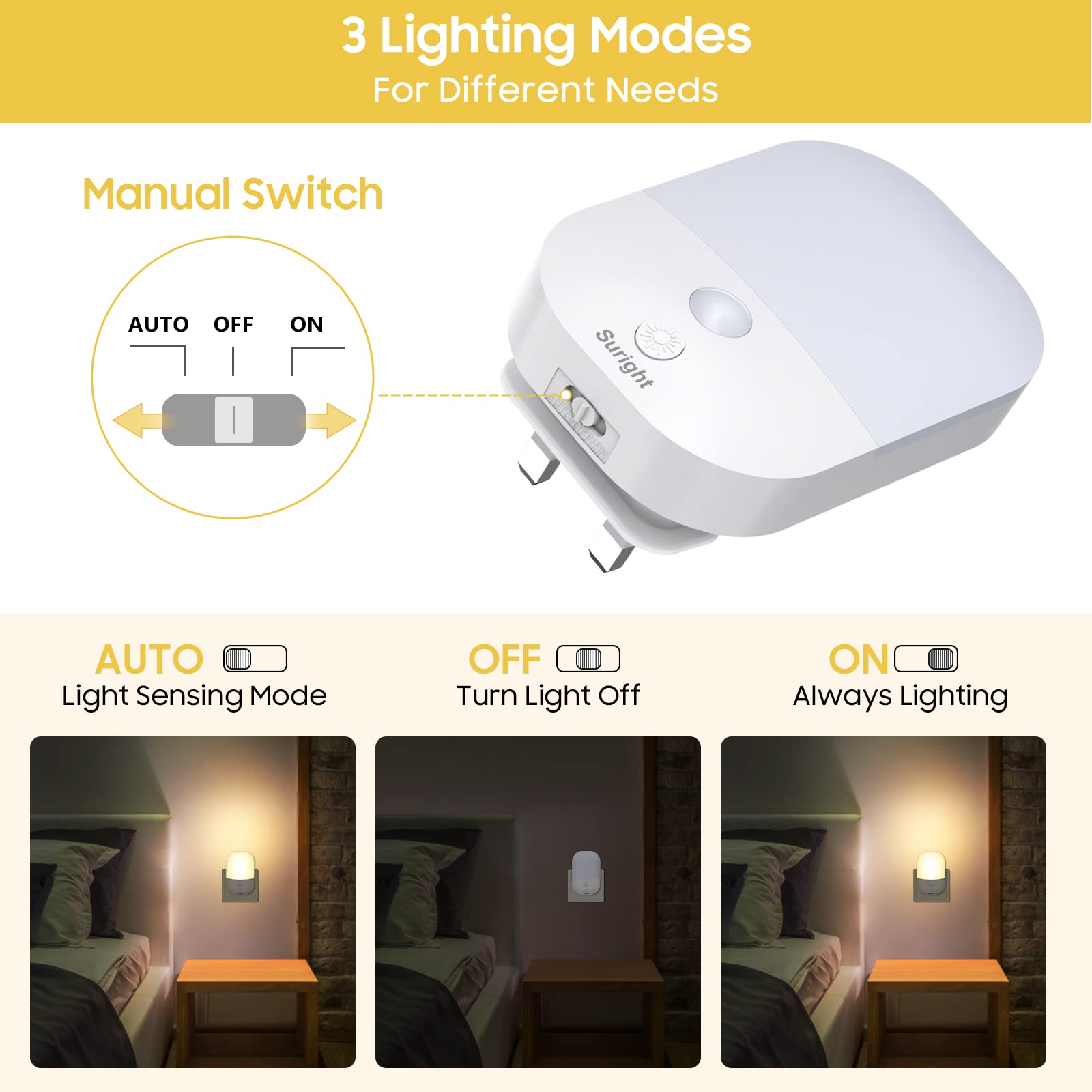 Suright Plug in Night Light with Dusk to Dawn Photocell Sensor, 2 Pack, with 5 Levels Brightness Adjustable, 3000K Warm White Night Light Kids for Bedroom, Hallway, Stairs, Nursery, 0.3 W